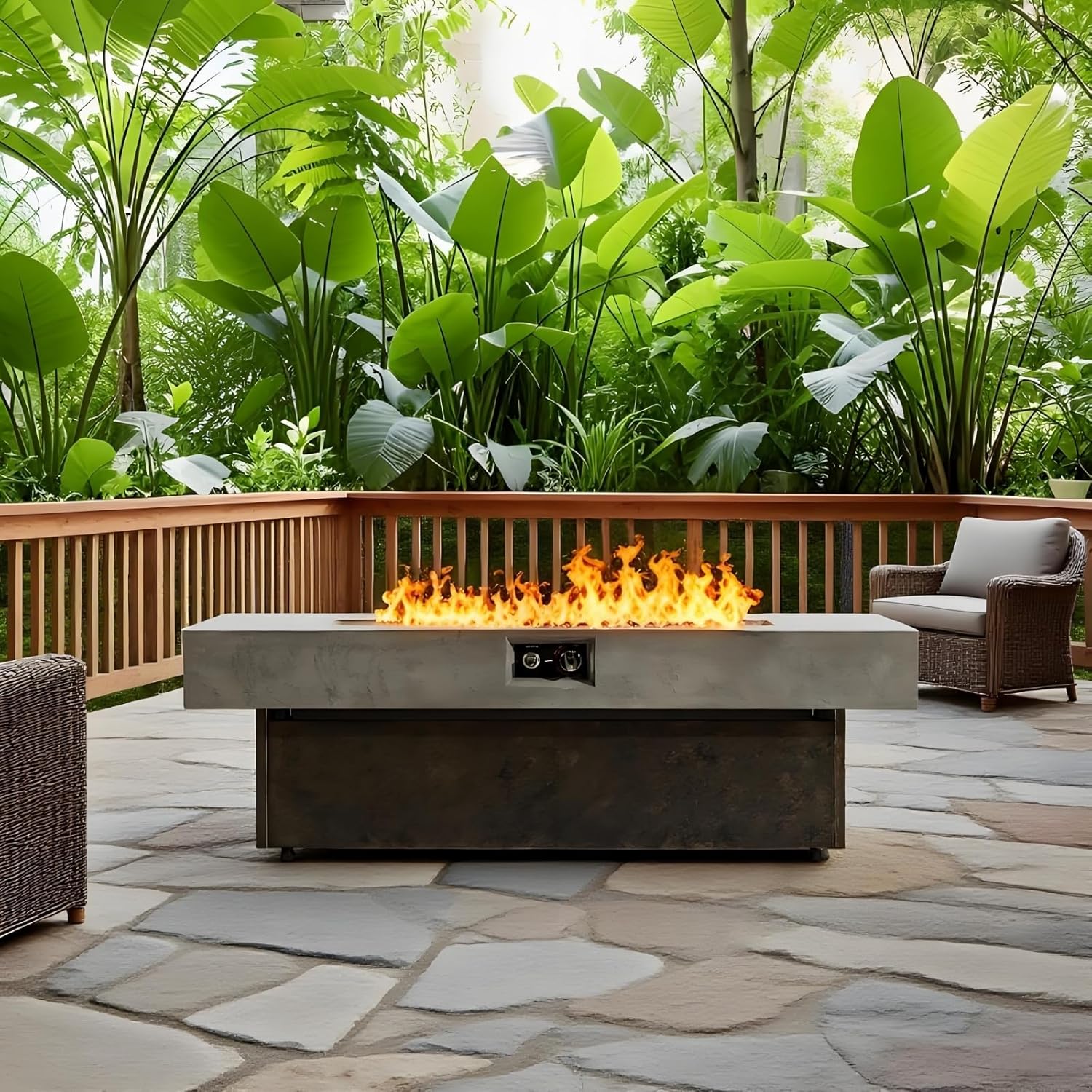 Tabletop Propane Fire Pits, Brown+Gray Rectangle Outdoor Firepit Table with 3 Height Options, 50000 BTU, Electronic Ignition, Decorative Glass & Lid, 55