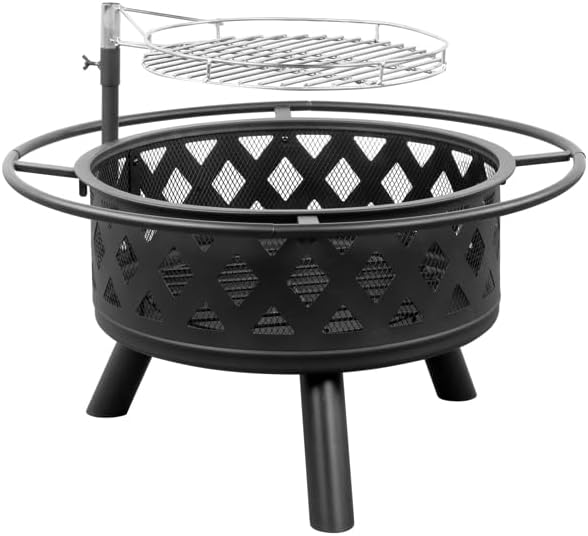 30 Inch with 1 Grill, Outdoor Fire Pit Ring with 1 Fork, Fire Ring for Outside Fire Pit with Ash Tray, Wood Burning Fire pits & Outdoor Fireplaces for BBQ, Party, Picnic