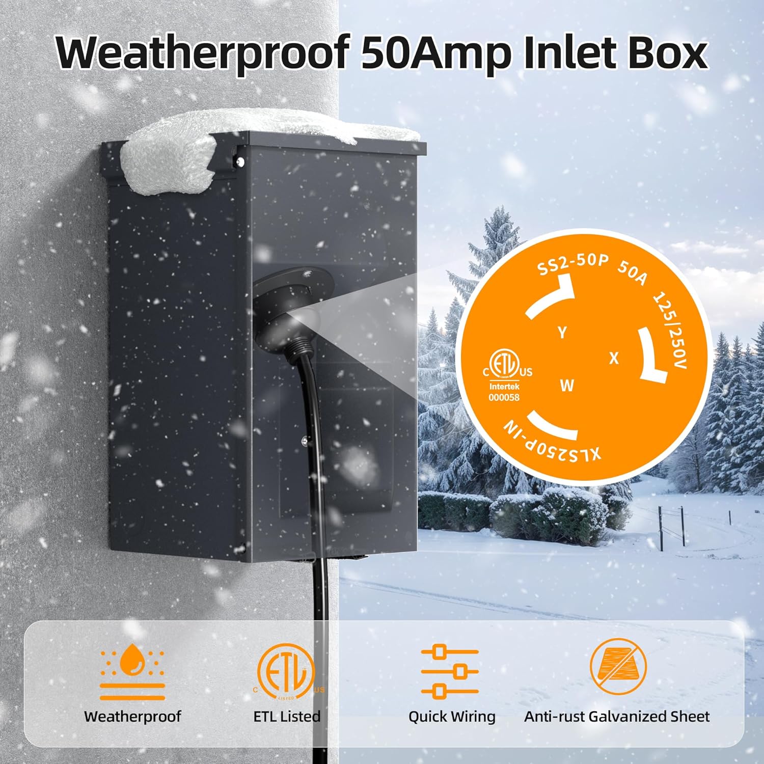 Joinfworld 50 Amp Generator Inlet Box, NEMA SS2-50P 125/250V 12500W Weatherproof Outdoor Receptacle, Emergency-Ready Industrial Grade