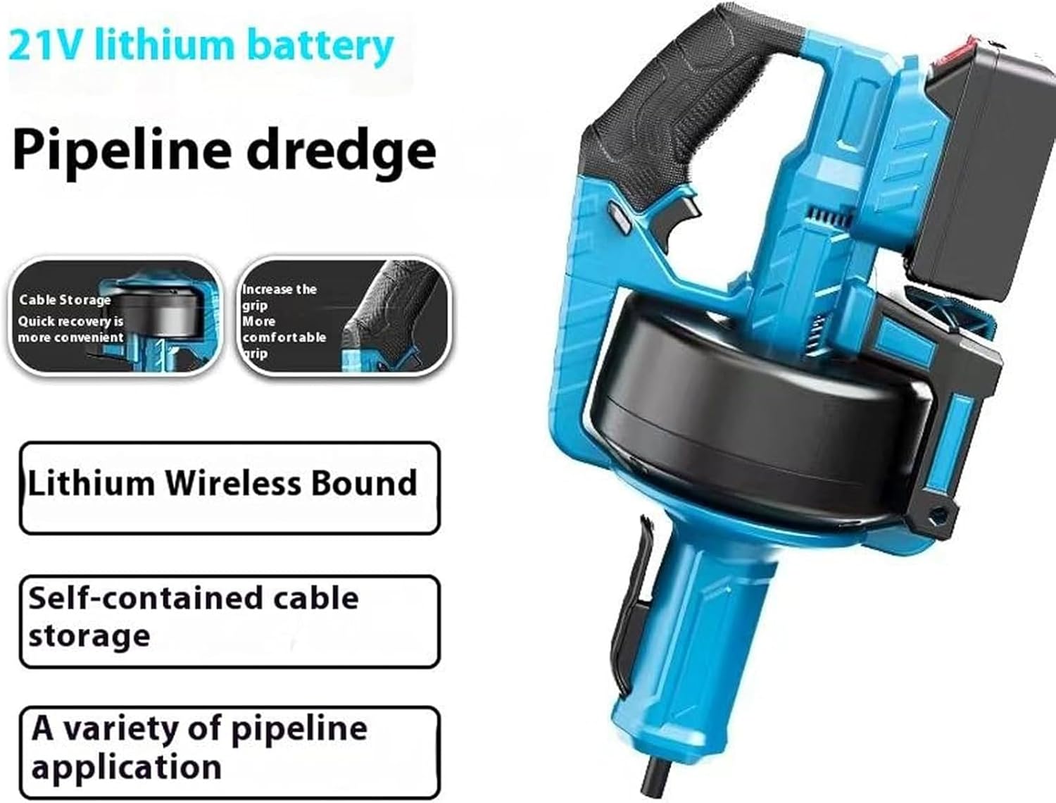 Handheld Electric Pipeline Dredging Machine, Portable Drain Cleaner, Toilet Kitchen Pipe Cleaner, 3/4-inch - 2-inch Pipes, with 2 Lithium Batteries, Rubber Base, for Toilet, Sink, Floor Drain