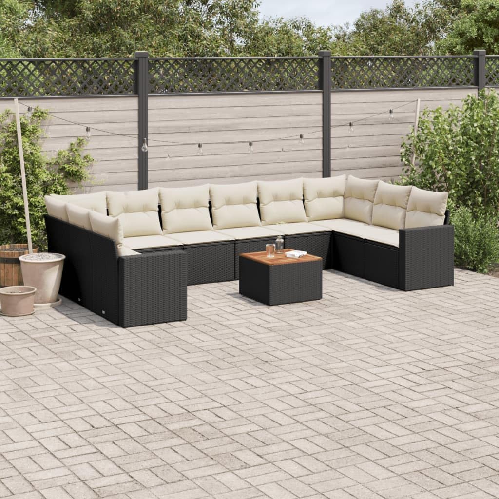 11-Piece Garden Sofa Set, Black Poly Rattan, Modular Outdoor Patio Furniture with Cream White Cushions, Durable for Balcony, Terrace, UV Resistant