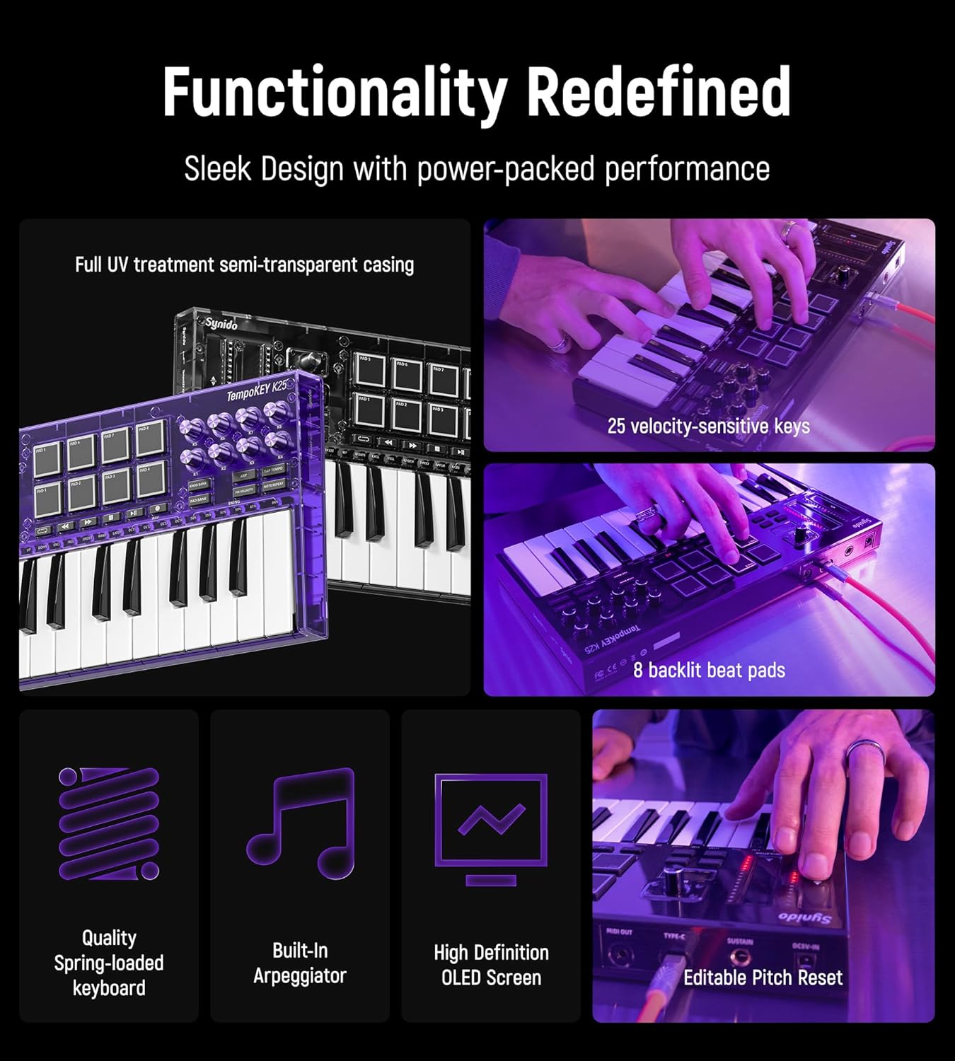 Podcast Equipment Sound Card, Audio Interface Mixer with Pro-preamp and USB C MIDI Keyboard Controller 25 Keys with 8 Backlit Drum Pads