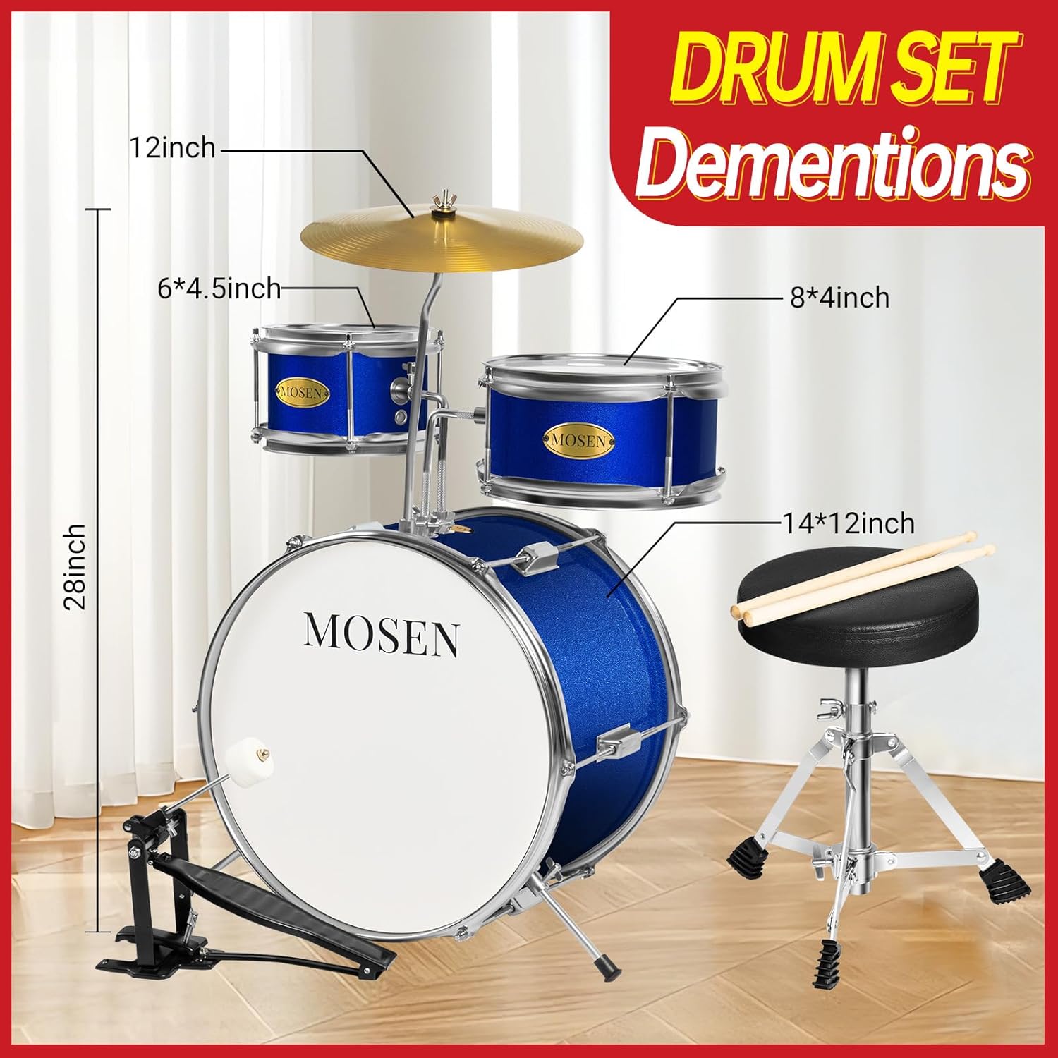 MOSEN Drum Set 3-Piece Beginner Drum Set Junior Drum Kit with Adjustable Throne, Cymbal, Pedal & Drumsticks Drums with Bass Tom Snare Drum - Blue