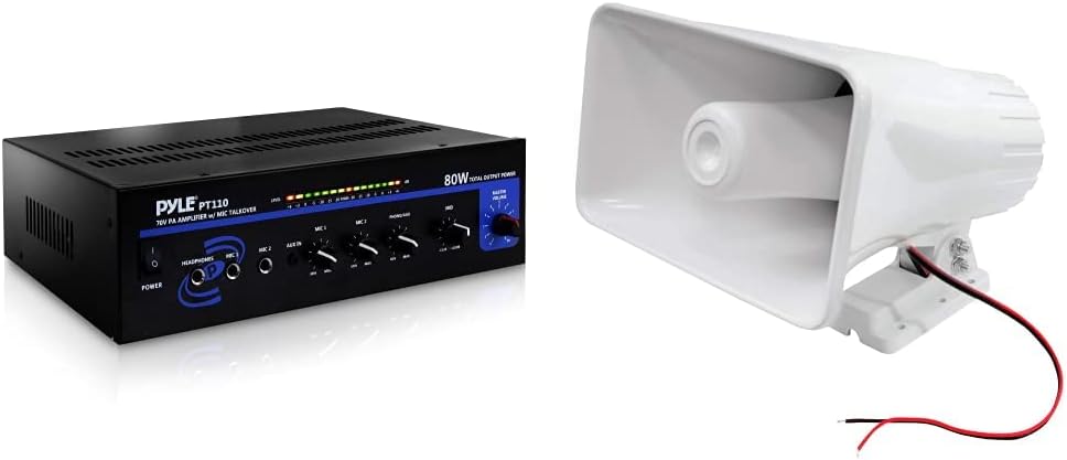Pyle Home Compact Public Address Mono Amplifier, Headphone, 2 Microphone Inputs, Independent Volume Control - PT110 & Indoor/Outdoor PA Horn Speaker - White