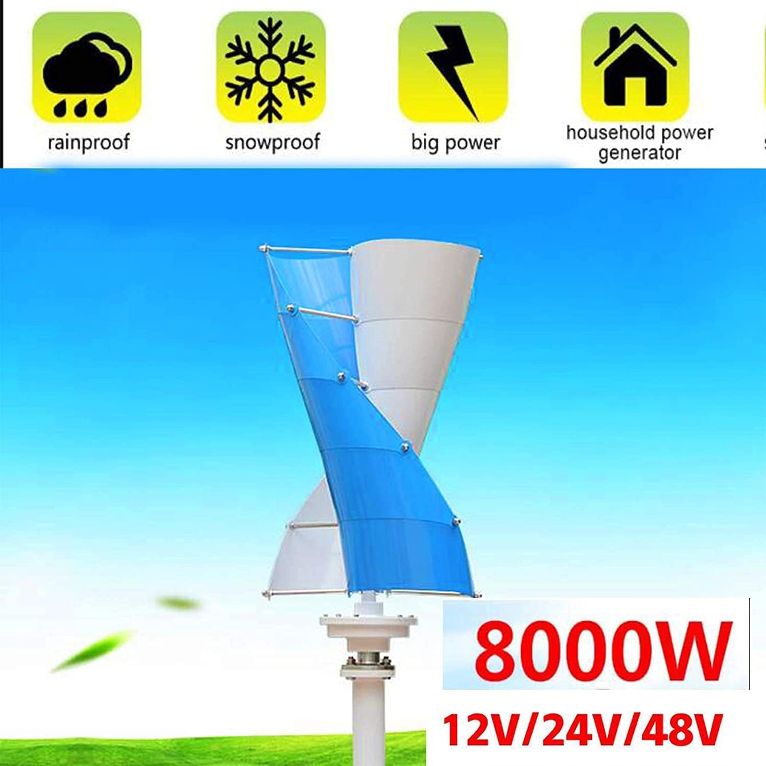 Wind Power Turbine Generator, 8000W Helix Wind Turbine with Magnetic Levitation Axis 12V/24V/48V Power for Garden Boat Hybrid Street Lantern Outdoor