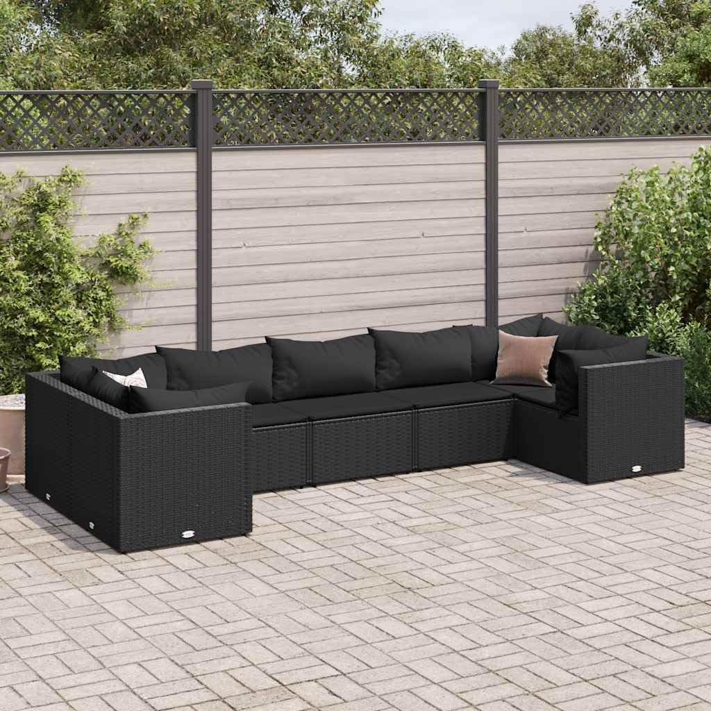 7 Piece Patio Lounge Set with Cushions Black Poly Rattan Garden Furniture