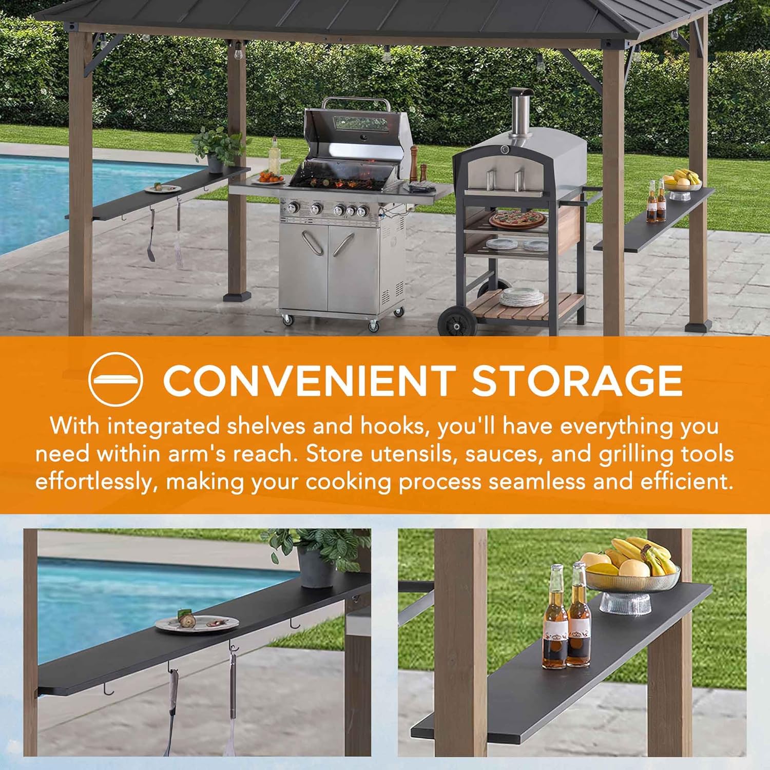 Sunjoy Wooden Grill Gazebo, 8 x 12 ft. Steel Hardtop Gazebo with Solar Power for Year-Round Grilling - 2 Full Size Grills, Griddles or Smokers - Outdoor Cooking Shelter for Backyard BBQs Party, Brown