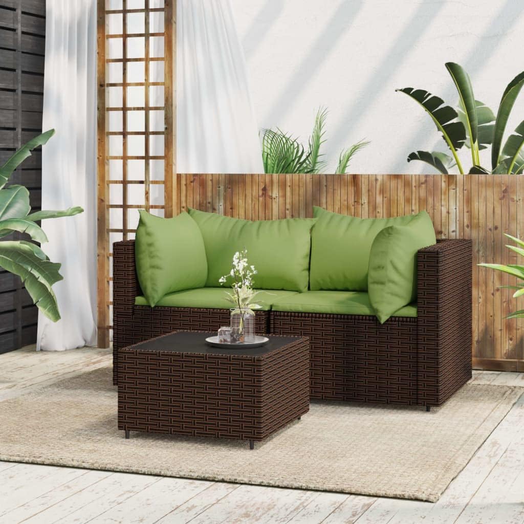 3 Piece Patio Lounge Set with Cushions Brown Poly Rattan,Contemporary Outdoor Patio Lounge Set Weatherproof Rattan, Cushioned Comfort Outdoor Furniture, Patio Seating