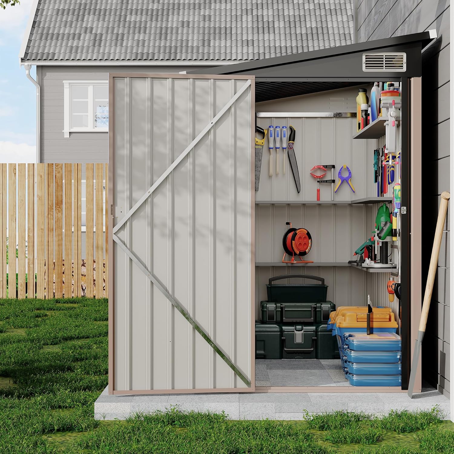 4×8 ft Lean to Storage Shed, Heavy-Duty Outdoor Metal Storage Shed, Garden Tool Metal StorageHouse W/Lockable Door and 2 Air Vents