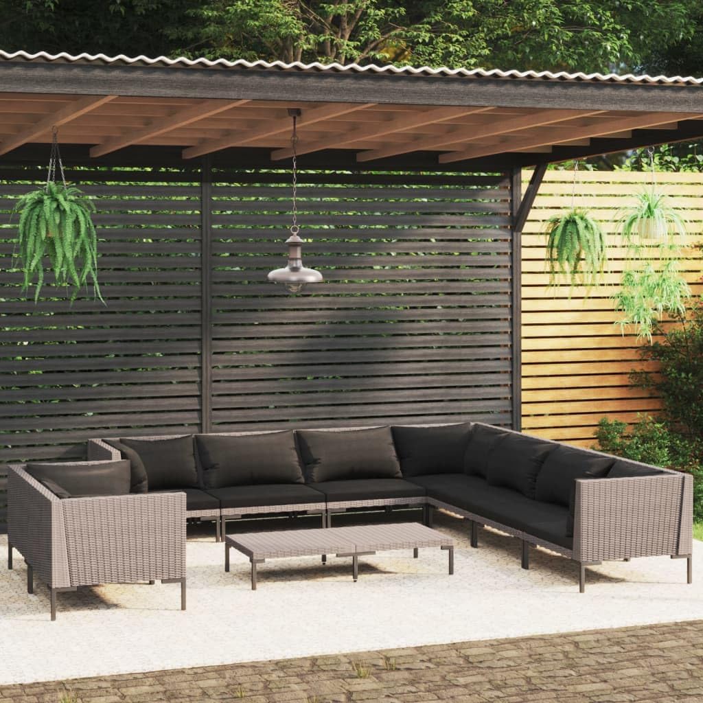 10 Piece Patio Lounge Set with Cushions Poly Rattan Dark Gray,Outdoor Rattan Patio Lounge Set with Comfortable Cushions and Sturdy Steel Frame Patio Furniture Sets, Outdoor Furniture Sets