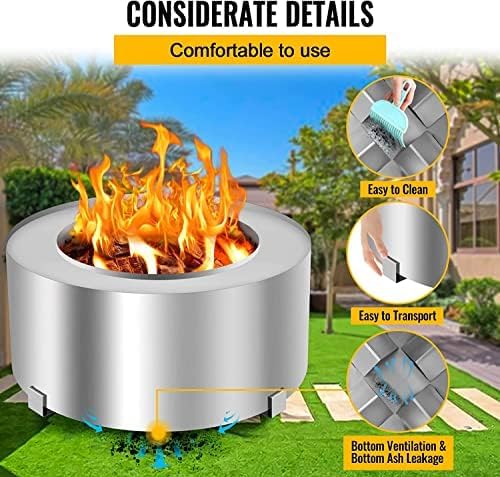Smokeless Fire Pit Outdoor Wood Burning Portable Firepit Stainless Steel with Stand Cover for Backyard Patio Garden Picnic Camping Bonfire,28.5 Inch