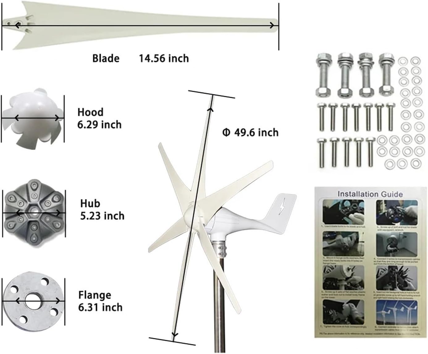 Wind Turbine Generator Kit, 2000W-3000W, 12V-48V, White, Wind Powered, Heavy Duty, Residential/Commercial Use