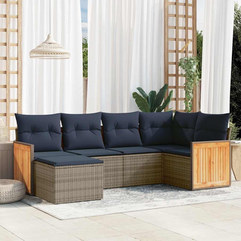 6 Piece Garden Sofa Set with Cushions, Grey Poly Rattan Outdoor Patio Furniture, Modular Design for Backyard, Terrace, Balcony