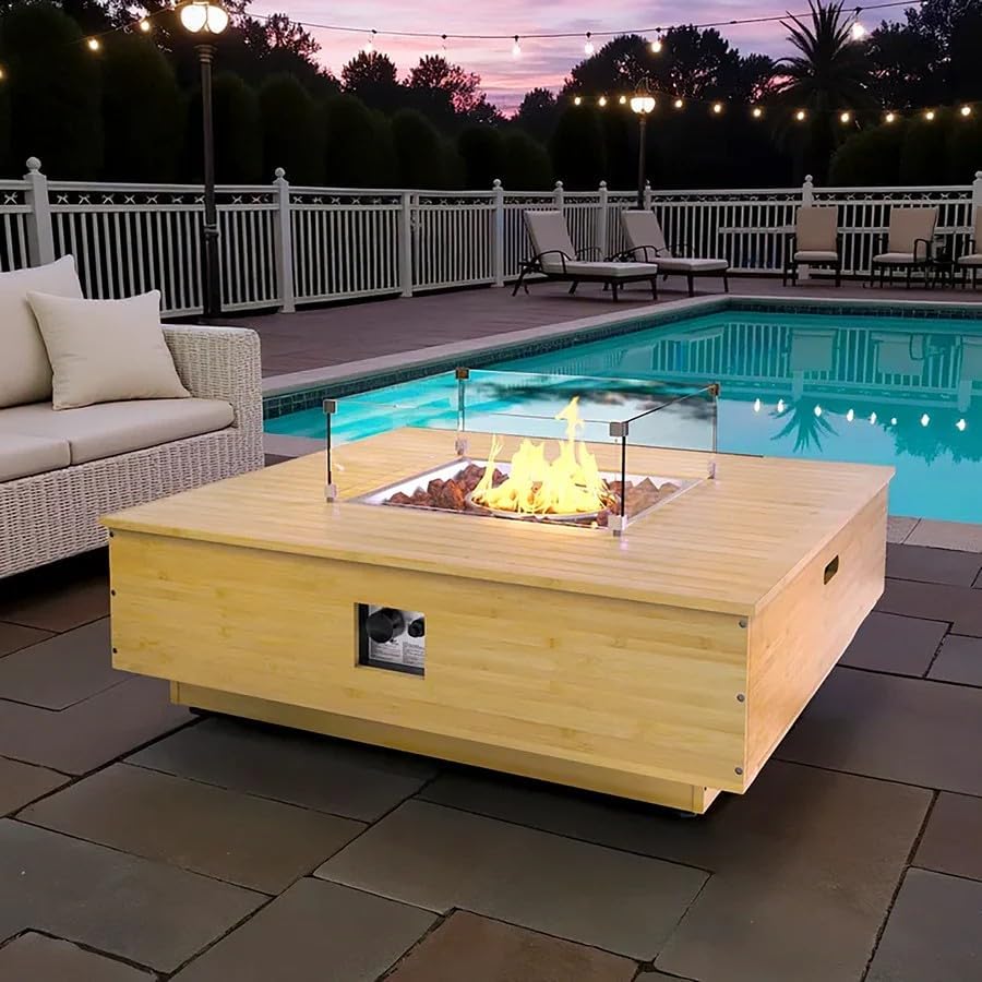 43-Inch Outdoor Propane Square Fire Pit Table, Super Stable Wood Frame 50,000 BTU CSA Certified Smokeless Firepit Table, Includes Side Table Weatherproof Cover Lava Rock for Families, Deck, Backyard