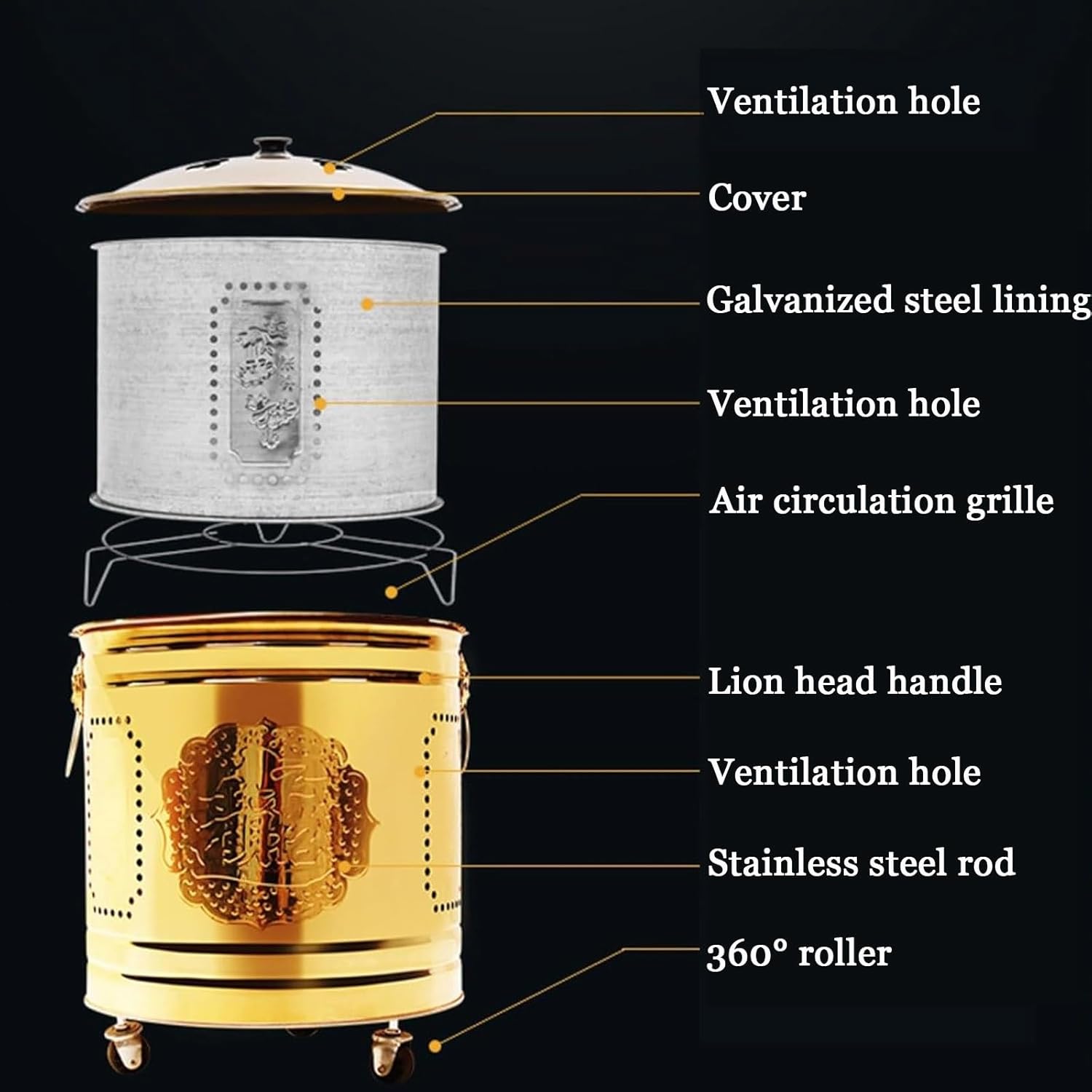 Stainless Steel Outdoor Smokeless Burn Barrel with Lid Garden Incinerator Burning Fire Bin Fire Pits with Wheels Burning Gold Barrel Burning Scripture Barrel for Paper Leaf Trash Indoor(Gold,10.2in)