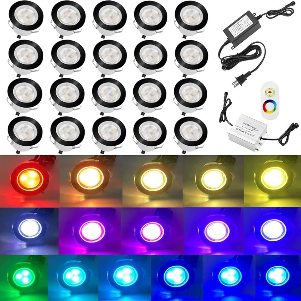 20pcs Low Voltage LED Deck Lights Kits Multi-Color RGB Stainless Steel Waterproof Outdoor Yard Garden Recessed Wood Decoration Lamps Landscape Pathway Patio Step Stairs Black Border(20Pack)