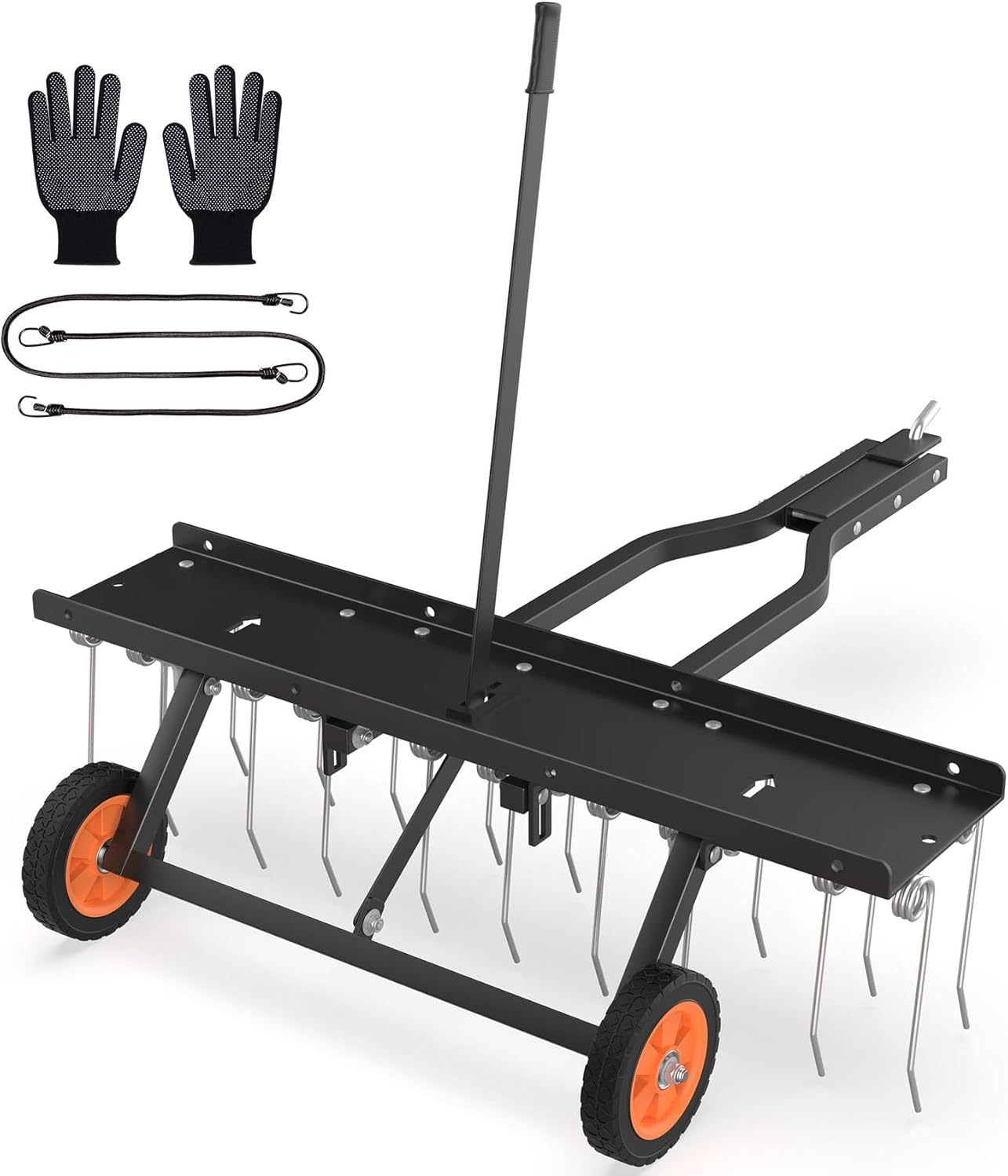 Seeutek 40 Inch Tow Behind Dethatcher, Pull Behind Lawn Dethatcher with 20 Spring Steel Tines Lawn Dethatcher Rake for ATV or Mower w/2 Cement Brick Straps and Gloves, for Garden Farm Grass