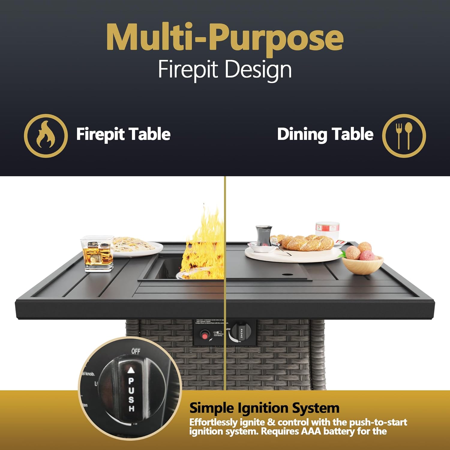 31” Gas Fire Pit Table, 50000 BTU Outdoor Rattan & Wicker Propane Fire Pit Table, with Square Black Steel Tabletop and Rattan Wicker Base, for Outside Patio and Garden