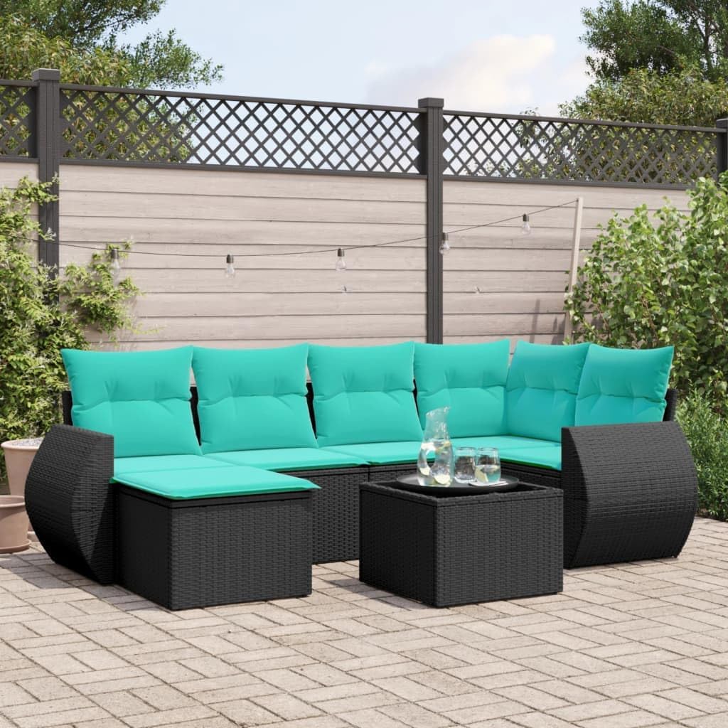 7-Piece Patio Sofa Set, Black Poly Rattan Outdoor Furniture with Blue Cushions, Tempered Glass Tabletop, Storage & Waterproof Bag, UV-Proof for Garden, Balcony