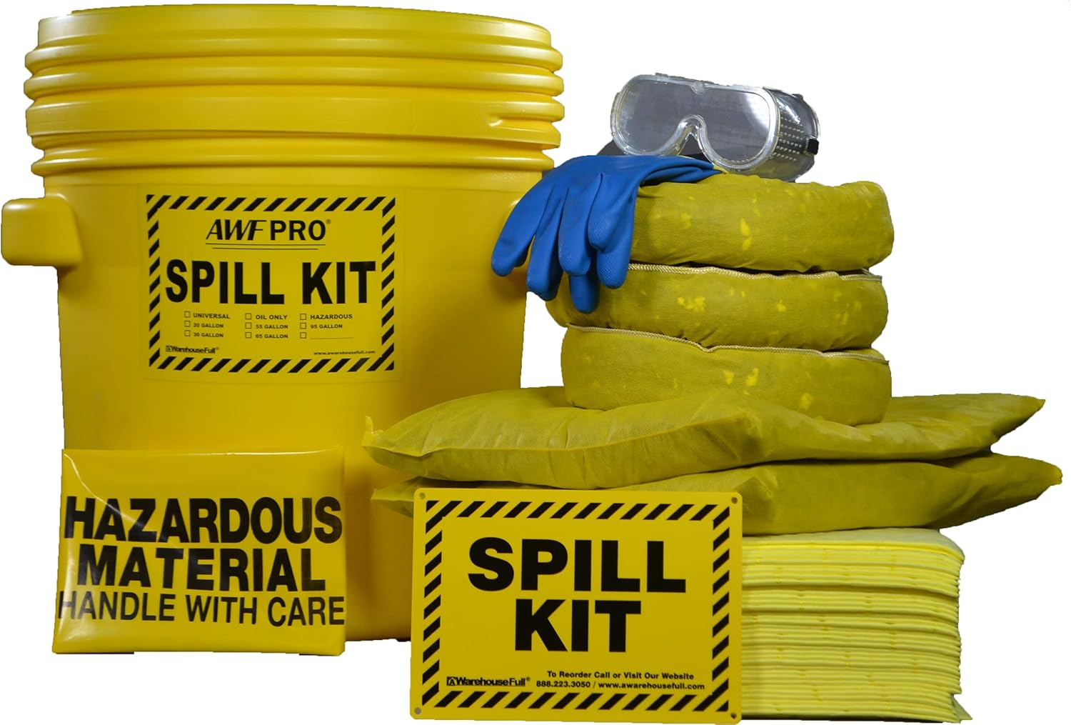 AWF PRO 20 Gallon Hazmat Spill Kit, 59 Pieces – 20 gal DOT Approved Drum, Socks, Pads & Pillows, & Accessories