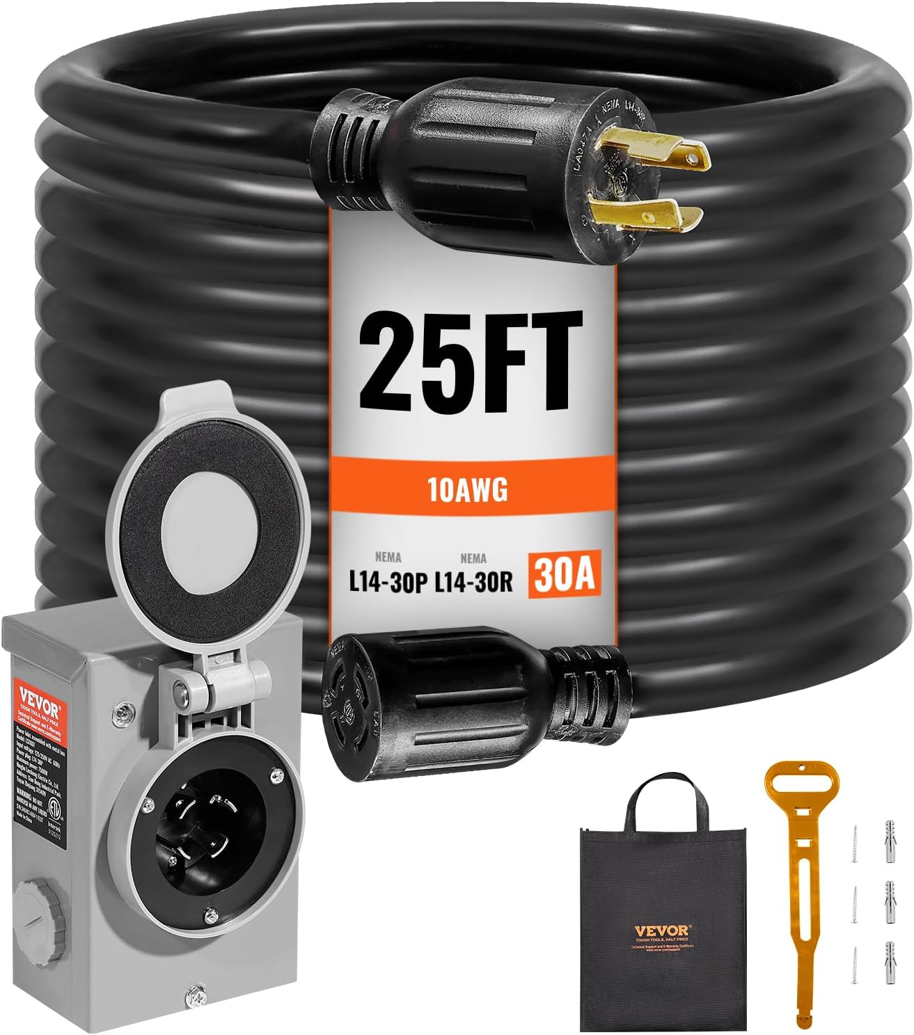 VEVOR 30 Amp Generator Cord and Power Inlet Box Kit, 25 FT Generator Extension Cord NEMA L14-30P/L14-30R STW 10 AWG with Twist Lock Connector, Pre-Drilled Inlet Box, ETL Listed