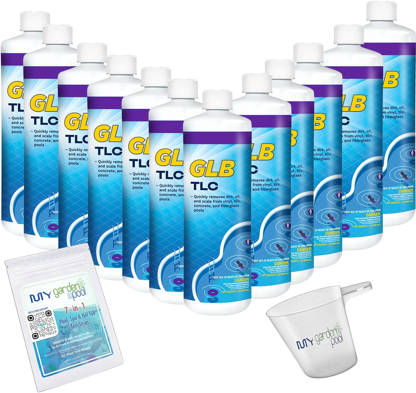 GLB TLC Surface Cleaner 32oz (71028A) 12-Pack with My Garden Pool 7-in-1 Test Strips & Measuring Cup – Professional-Grade Pool Surface Cleaning