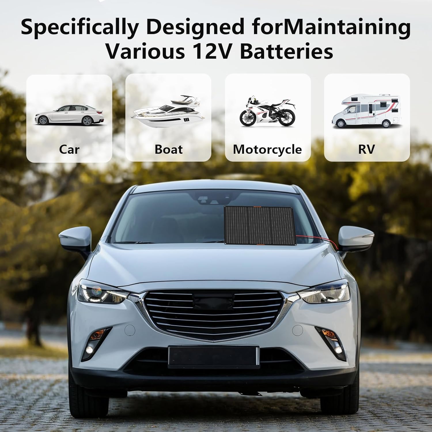 Solar Panel 50W 12V Solar Car Battery Charger Maintainer Portable Waterproof Power Solar Trickle Charger for Car Boat Automotive RV with Alligator Clip