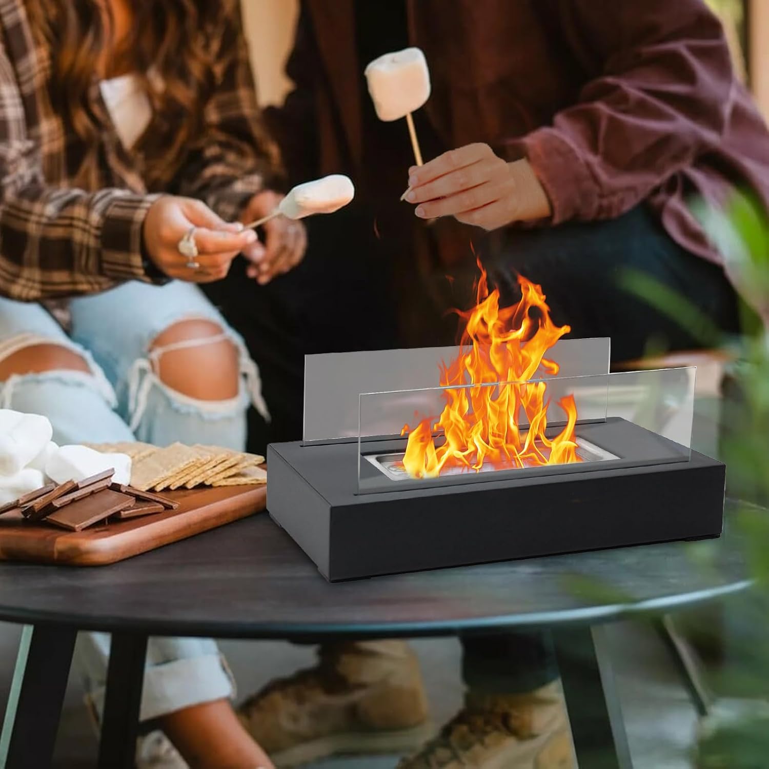 Table Top Fire Pit – Stainless Steel Iron Glass 150ml | Top Propane Fire Pit | Tabletop with Glass Wind Guard for Outdoor Patio Garden Camping and Home Decoration Use