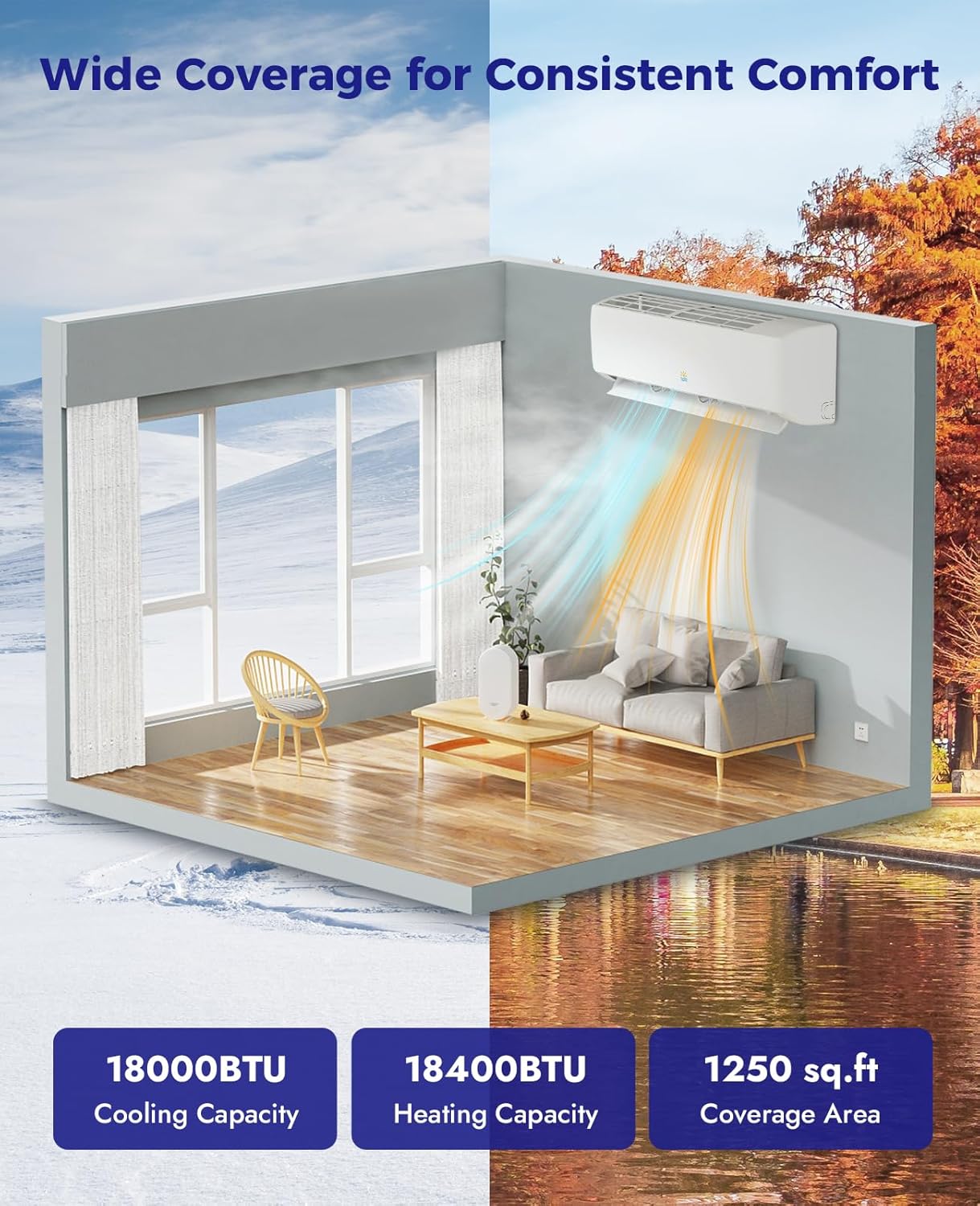 18000 BTU Mini Split Ac/Heating System - 19 SEER2 Mini Split AC Unit with Heat Pump, 230V Energy Efficient Ductless AC Unit Up to 1250 Sq.Ft with Installation Kit