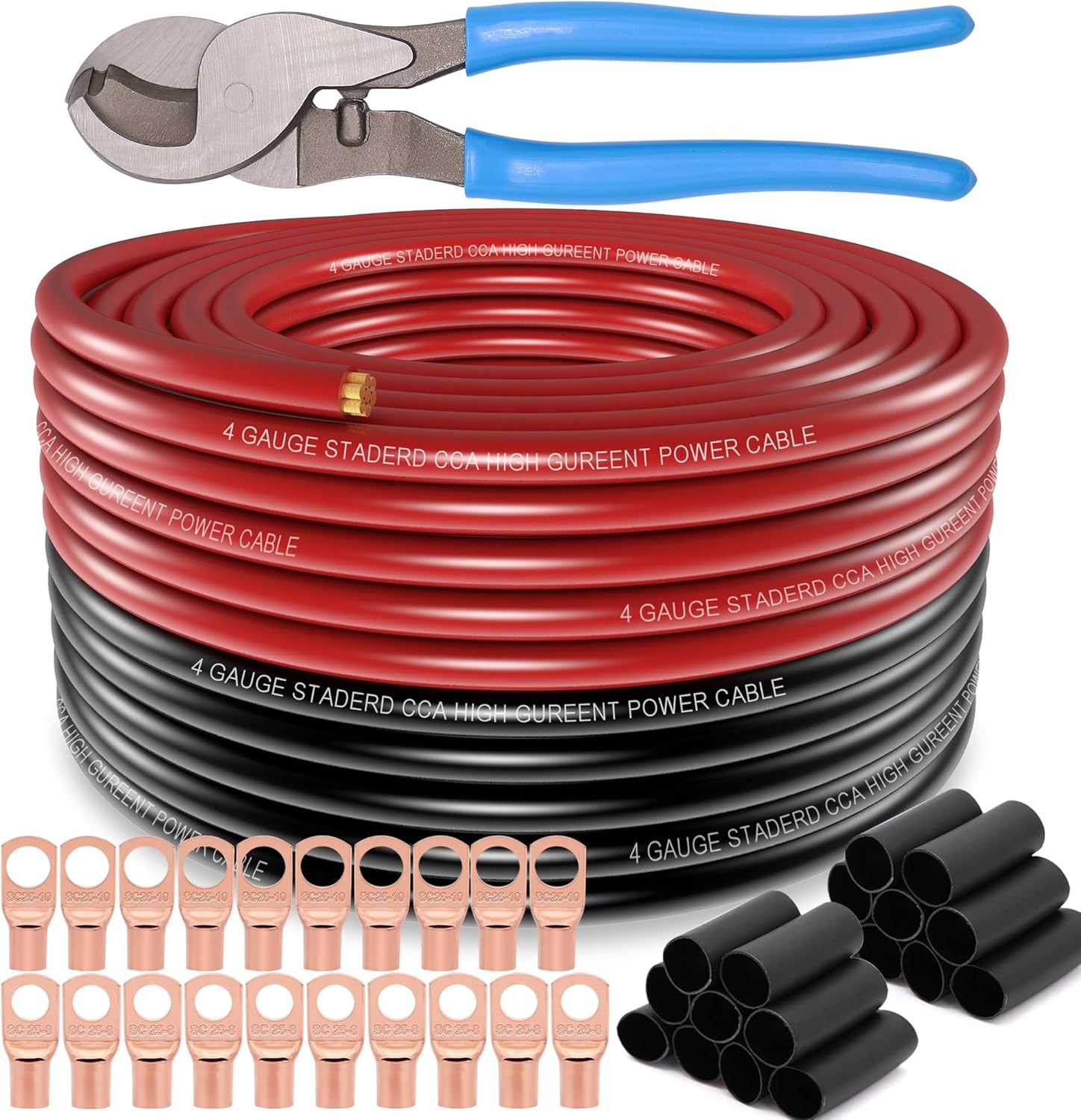 4 Gauge Wire (50FT Black+50FT Red) Copper Clad Aluminum CCA,20PCS Lugs Terminal Connectors,20PCS 3:1 Heat Shrink Tube and a 10 Inch Heavy Duty Cable Cutter