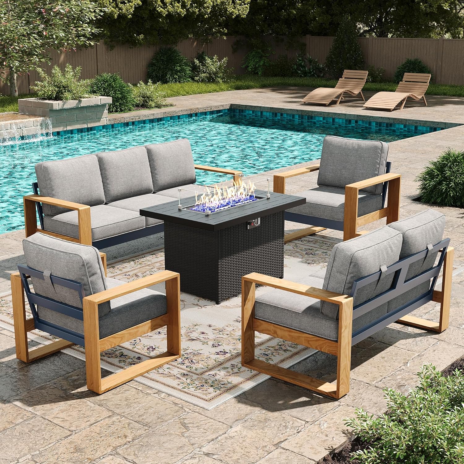 LayinSun 5 Pieces Aluminum Patio Furniture Set with Fire Pit Table, Oversized Seat with Hight Back, Outdoor Conversation Sets for Porch, Balcony, Deck