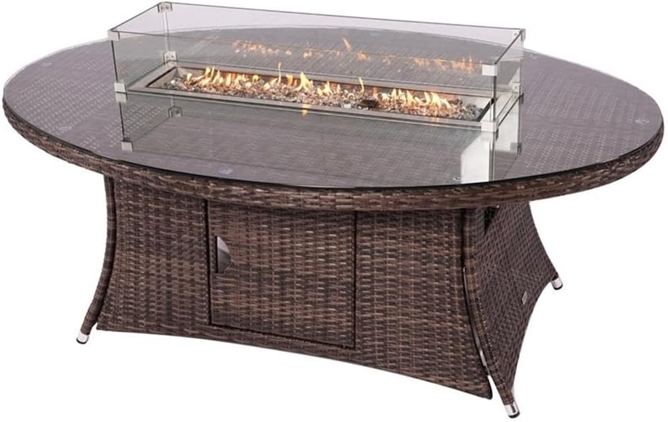 Brown Rattan Outdoor Gas Fire Pit Table Patio Dining Table with Wind Guard