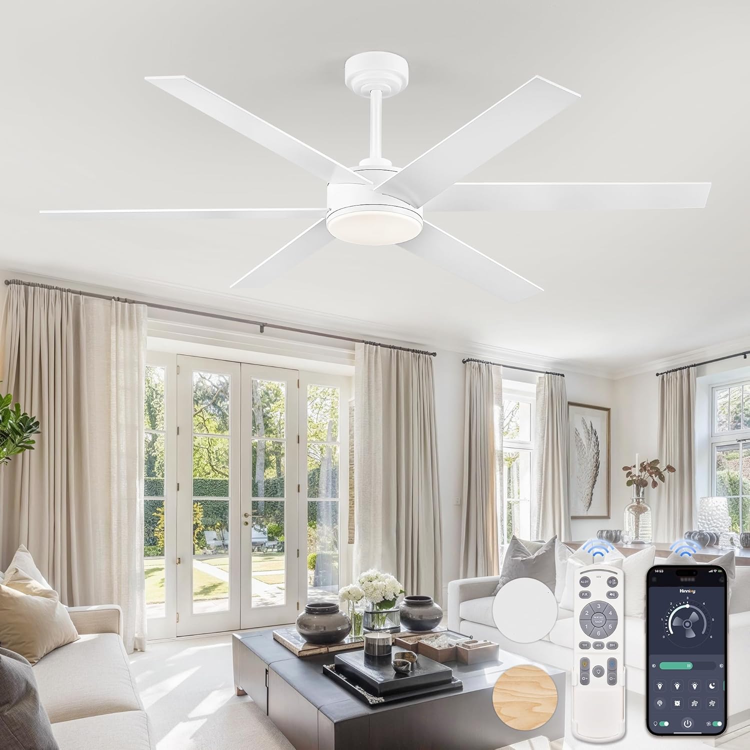 Fanbulous 60 Inch Ceiling Fans with Lights and Remote, Reversible 6 Blades & Dimmable 3-Color Outdoor Ceiling Fans for Patios, DC Motor Large Ceiling Fan for Indoor or Covered Outdoor-White