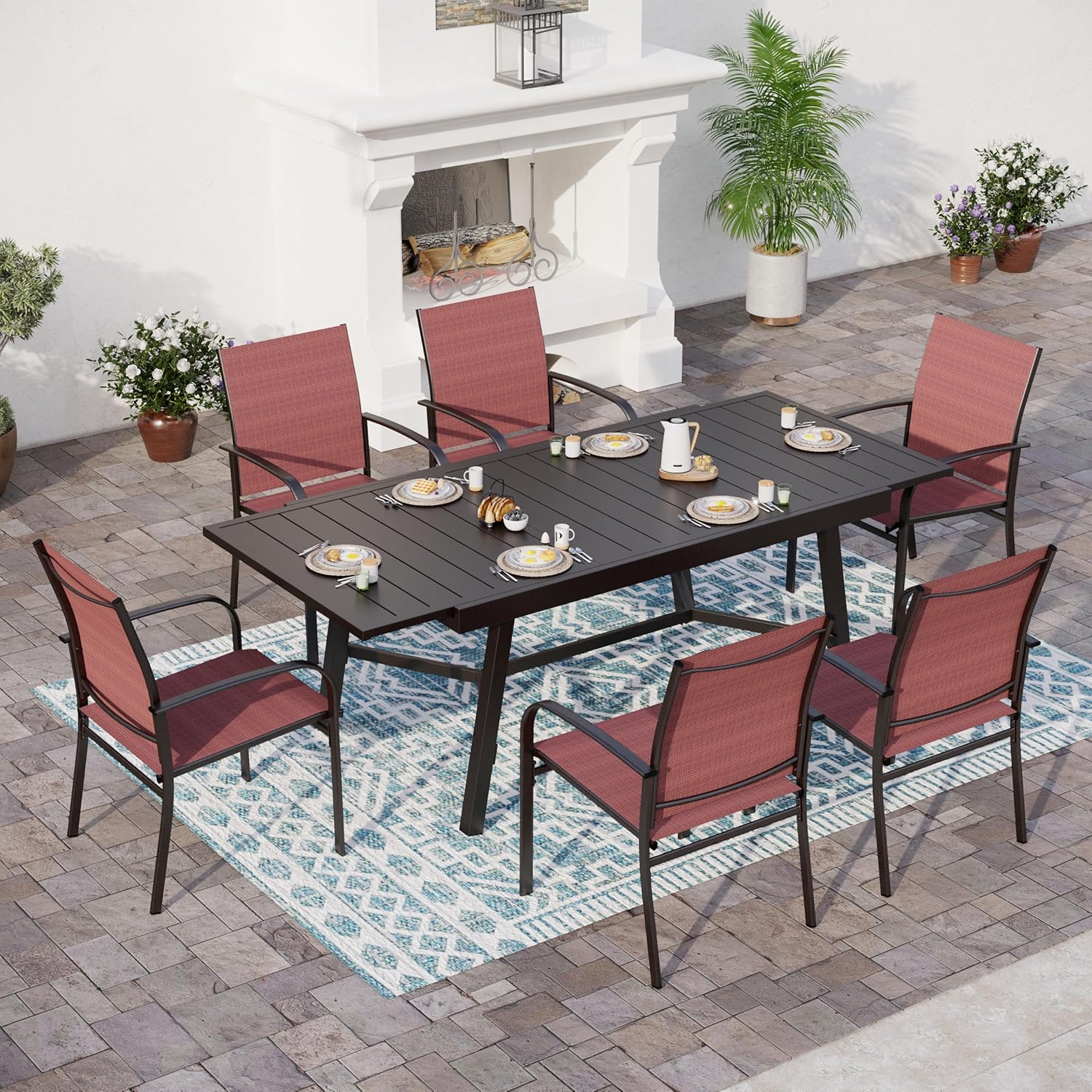 Outdoor Dining Chairs Red Set of 6,61.4x37.4x29.5” Rectangular Dining Table（Extendable）,Patio Dining Set 7 PCS,Patio Dining Set for Outdoor Kitchen Lawn Garden,Bistro,Deck.