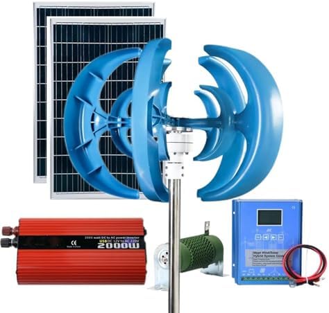 1000W Wind-Solar Hybrid Power Generation System, 2 x 100W Solar Panels, 800W Vertical Axis Wind Turbine, Intelligent Controller, 2000W Inverter, 12V/24V Kit