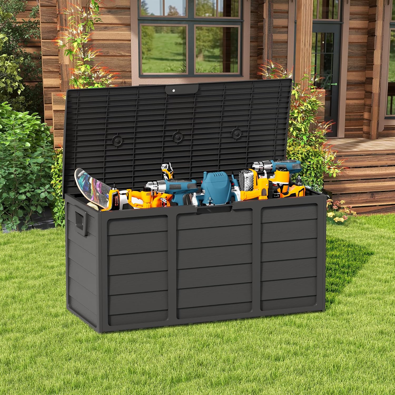 75 Gallon Deck Box - Outdoor Waterproof Storage with Lockable Lid, Heavy Duty Resin for Patio Furniture Cushions, UV & Weather Resistant (Black)