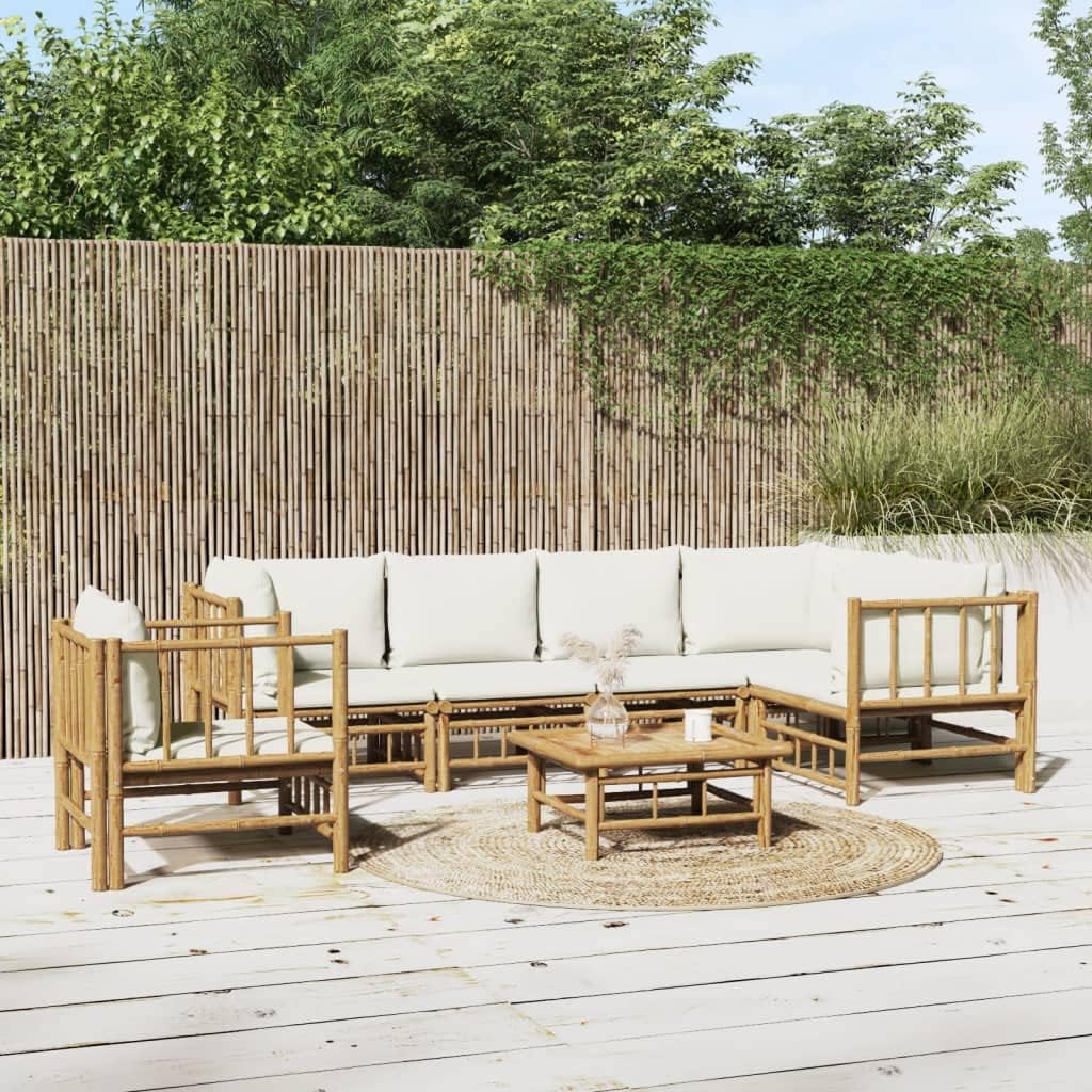 7 Piece Patio Lounge Set with Cream White Cushions Bamboo,Elegantly Designed Bamboo Patio Lounge Set for Comfortable Outdoor Living Furniture Sets for Patio, Lawn & Garden