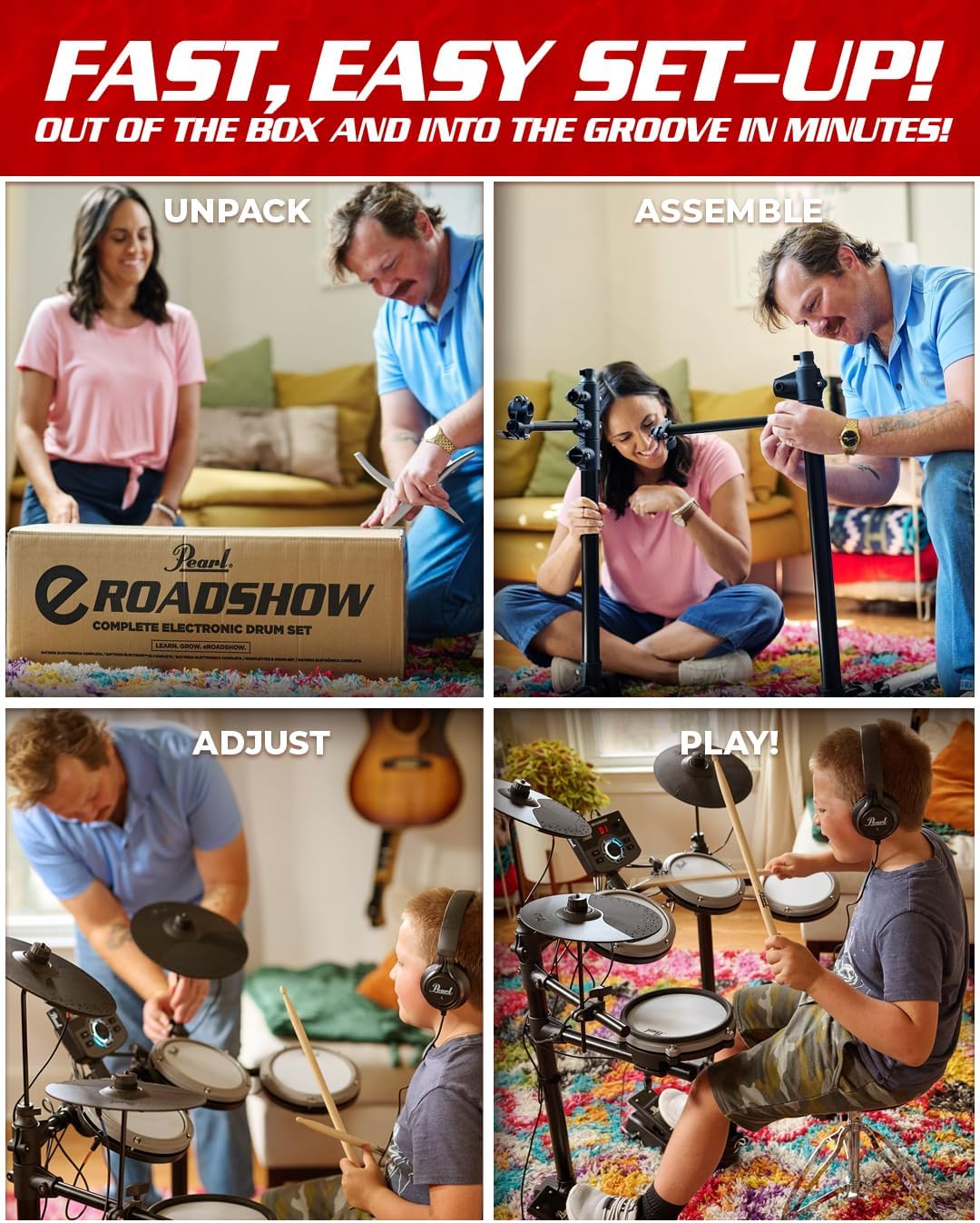 Pearl ERS1000 eRoadshow Electronic Drum Set, Complete Kit with Four Quiet Mesh Pads, Two Pedal Controllers, Cymbal Pads, Throne, Drum Rack, Headphones, and Sticks