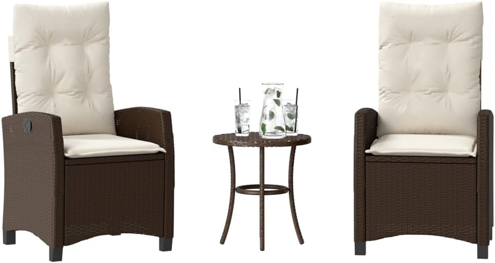 3 Piece Bistro Set with Cushions Brown Poly Rattan,Comfortable Patio Bistro Set with Adjustable Backrest and Removable Cushion Covers for Outdoor Use Patio Furniture Sets