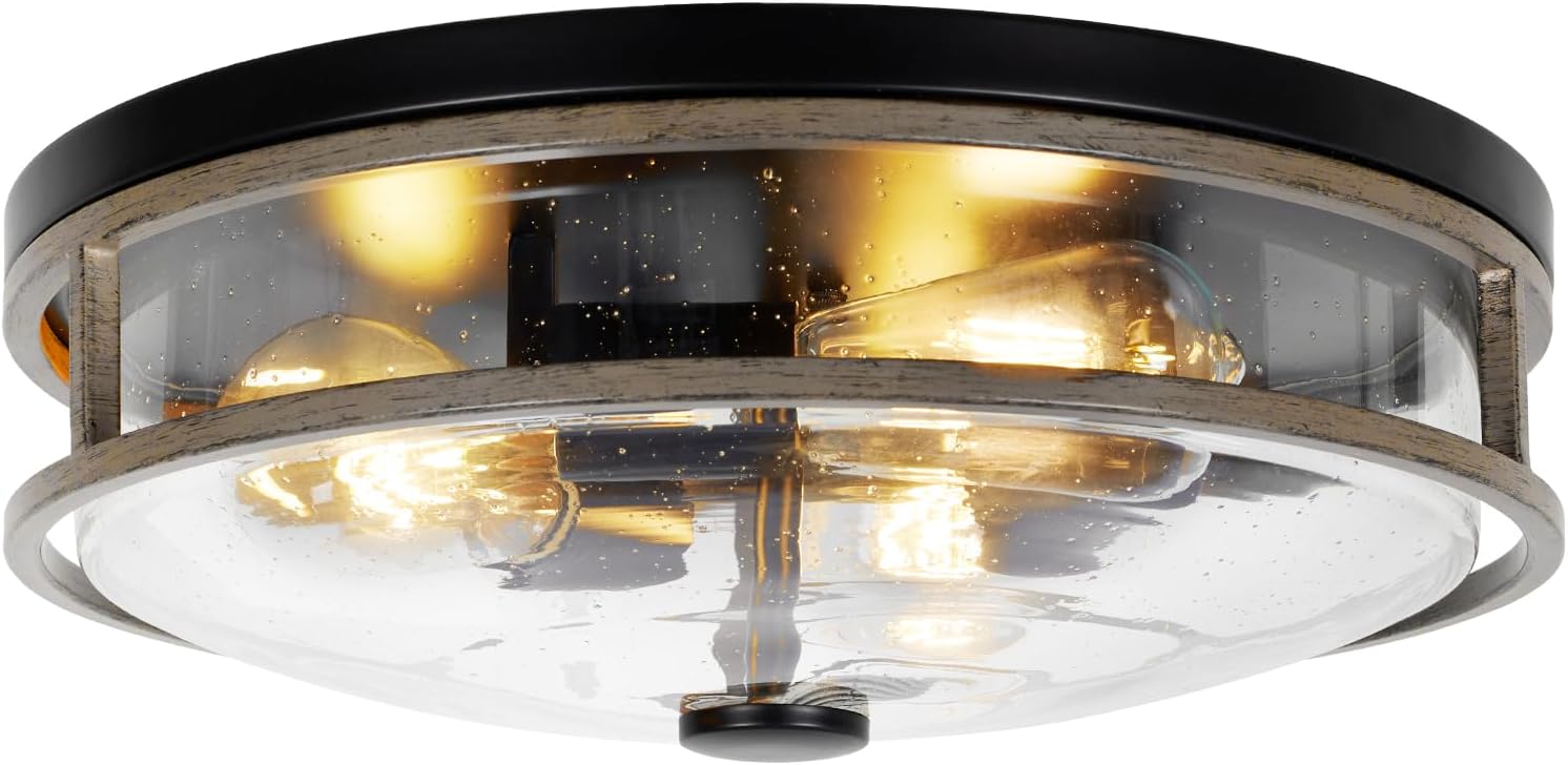 16 Inch Large Flush Mount Ceiling Light Fixture with Seeded Glass, Wood Grain Round Ceiling Lamp Shade, Modern Farmhouse Indoor Outdoor Ceiling Lighting for Kitchen Dining Living Room Foyer