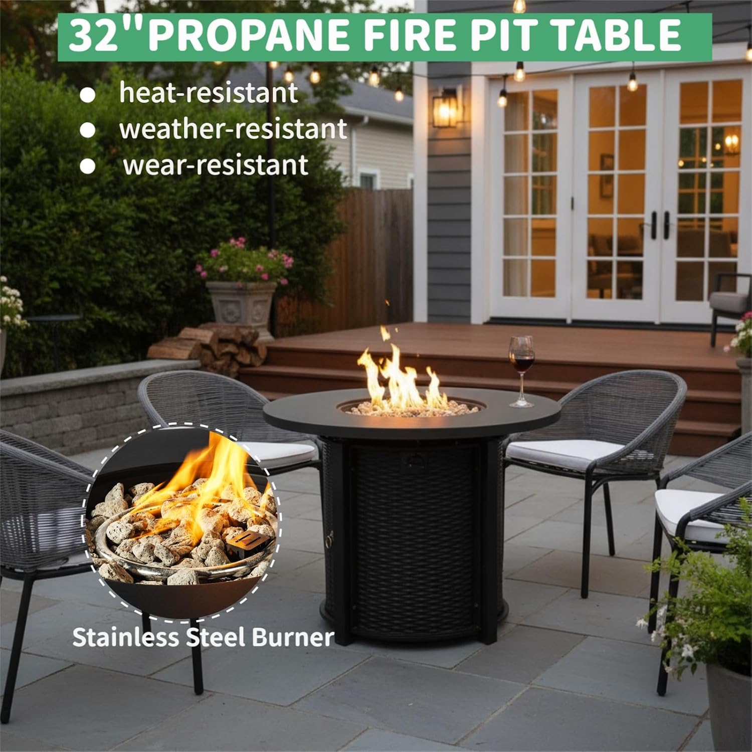 32 Inch Outdoor Propane Fire Pit Table,50000 BTU Steel Gas Firepit with Lava Rocks & Cover, Portable Round Patio Heater for Deck Garden Backyard Black