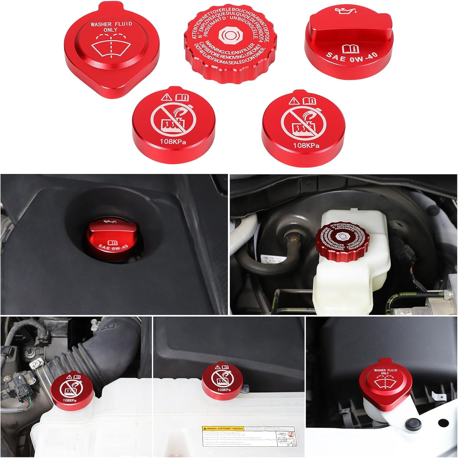 Car Engine Oil Filler Caps Set Compatible with Toyota Tundra 2022+ & Tacoma 2024+ Engine Oil Cap Brake Fluid Cap Wiper Washer Cap Radiator Cap Cover Windshield Wiper Switch Cover Trim Kit Accessories