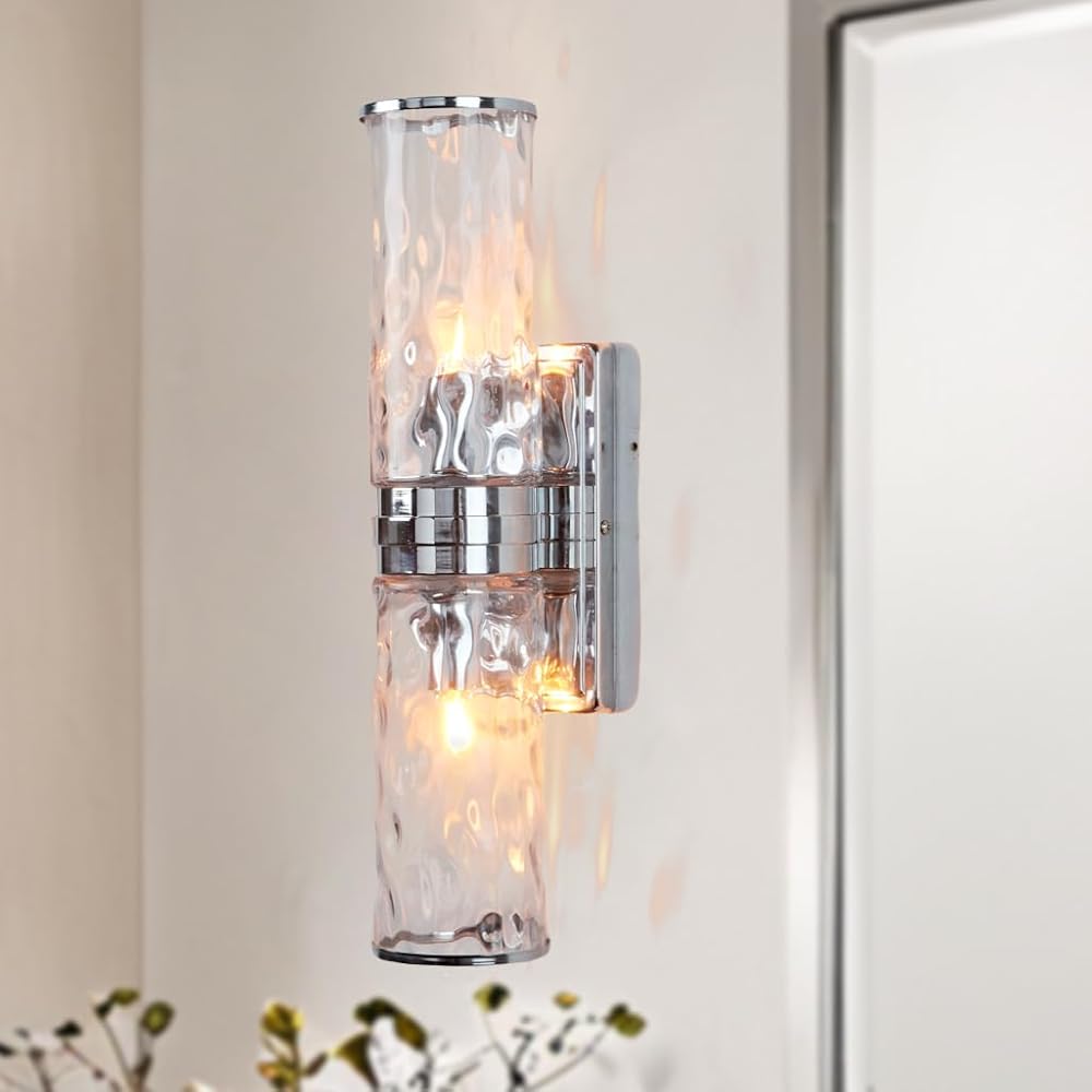 Hammered Clear Glass Shades Candelabra Sconce, Double Glass Tube Indoor/Outdoor Vanity Sconce for Bathroom, Living Room, Bedroom, Entryway (Chrome)