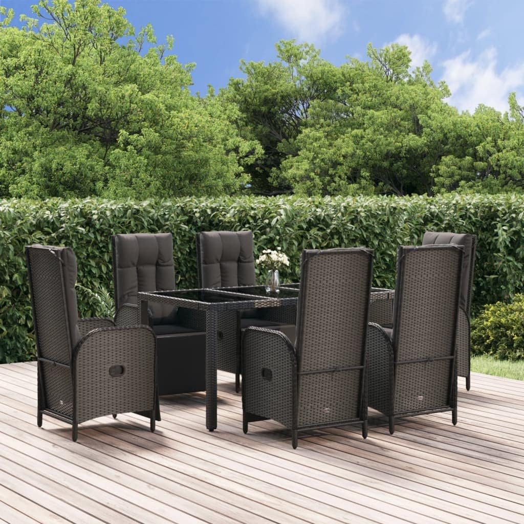 Furniture Sets 7 Piece Patio Dining Set with Cushions Black and Gray Poly Rattan,Modern Patio Dining Set with Reclining Function and Sturdy Steel Frame for Outdoor Comfort and Style Garden Conversatio