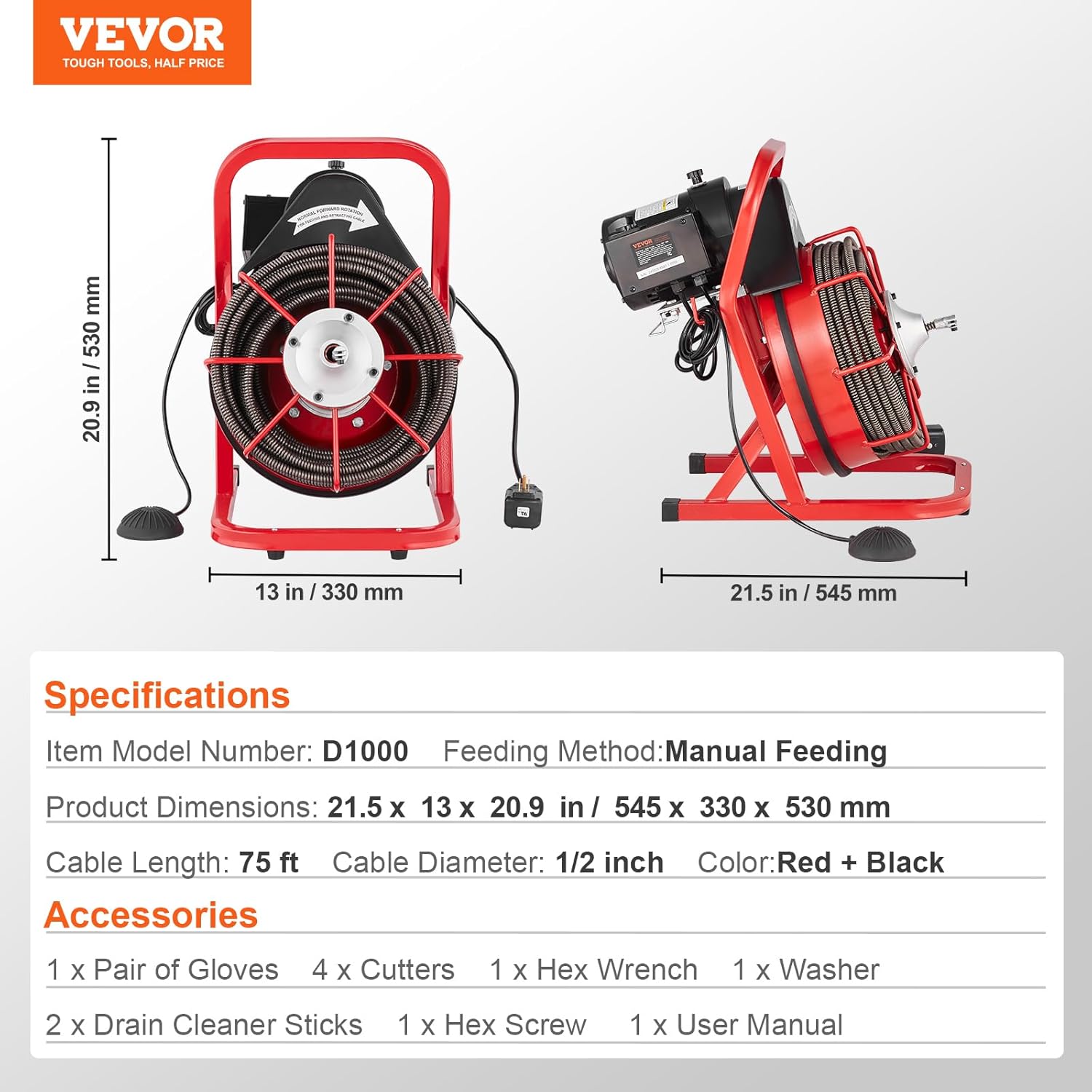 VEVOR Drain Cleaner Machine 75FT x 1/2 Inch, Sewer Snake Auger Manual Feed, 370W Electric Drain Cleaning Machine with 4 Cutters & Air-activated Foot Switch for 2