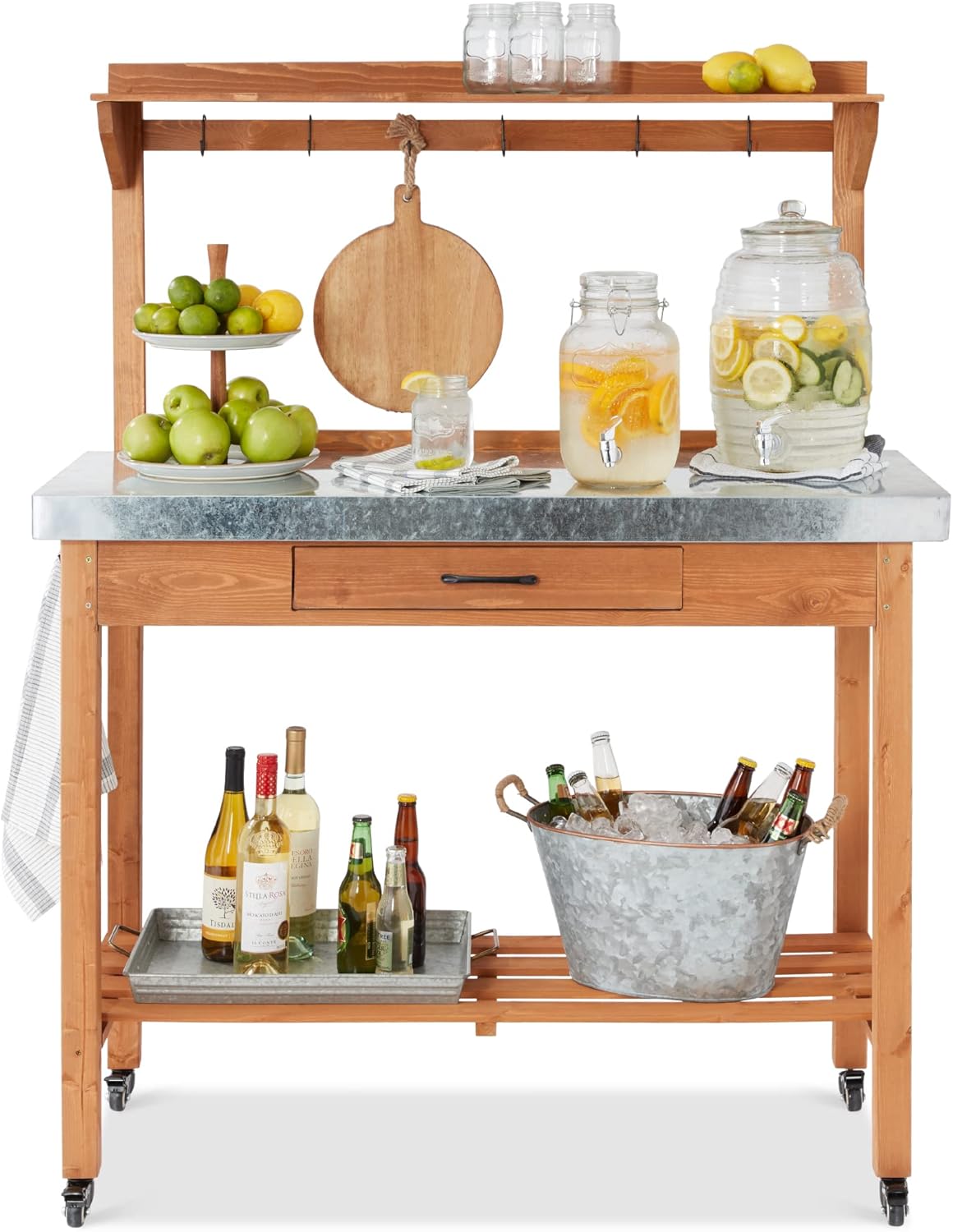 Best Choice Products Mobile Outdoor Table and Storage Cabinet w/Grill Accessory Hooks, 4 Locking Wheels, Stainless Steel Top for Patio Kitchen Island or Bar Cart - Medium Stained Brown