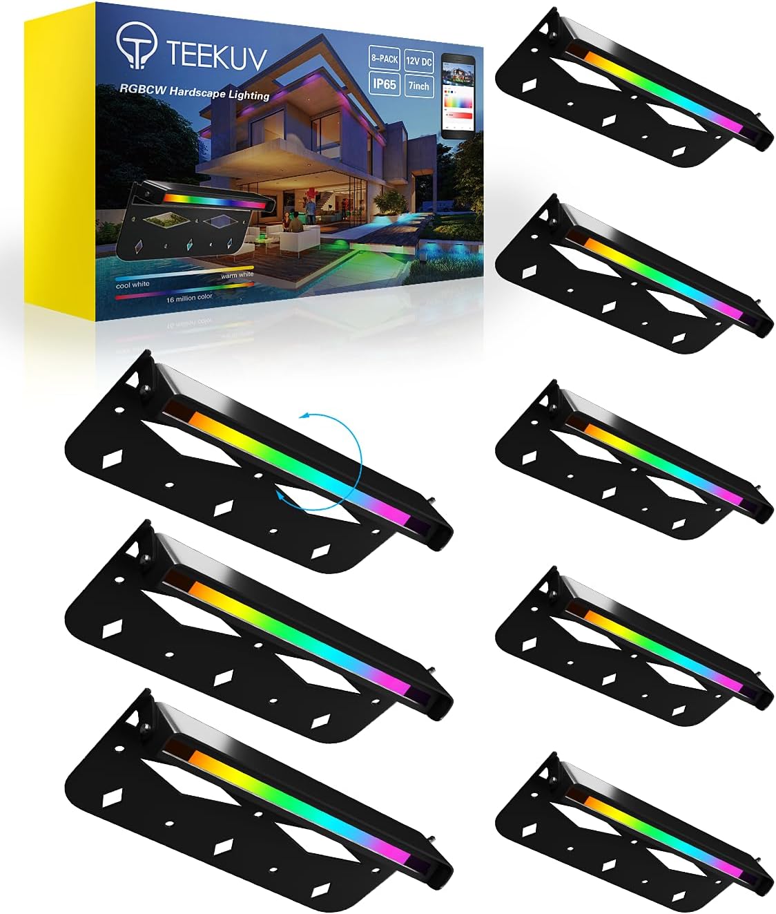 Teekuv 8 Pack 7 Inch RGB LED Hardscape Lighting, 5W Smart Retaining Wall Lights 16 Million Colors with Remote Control, IP65 Waterproof Landscape Paver Lights, 12V AC/DC Low Voltage Outdoor Lighting