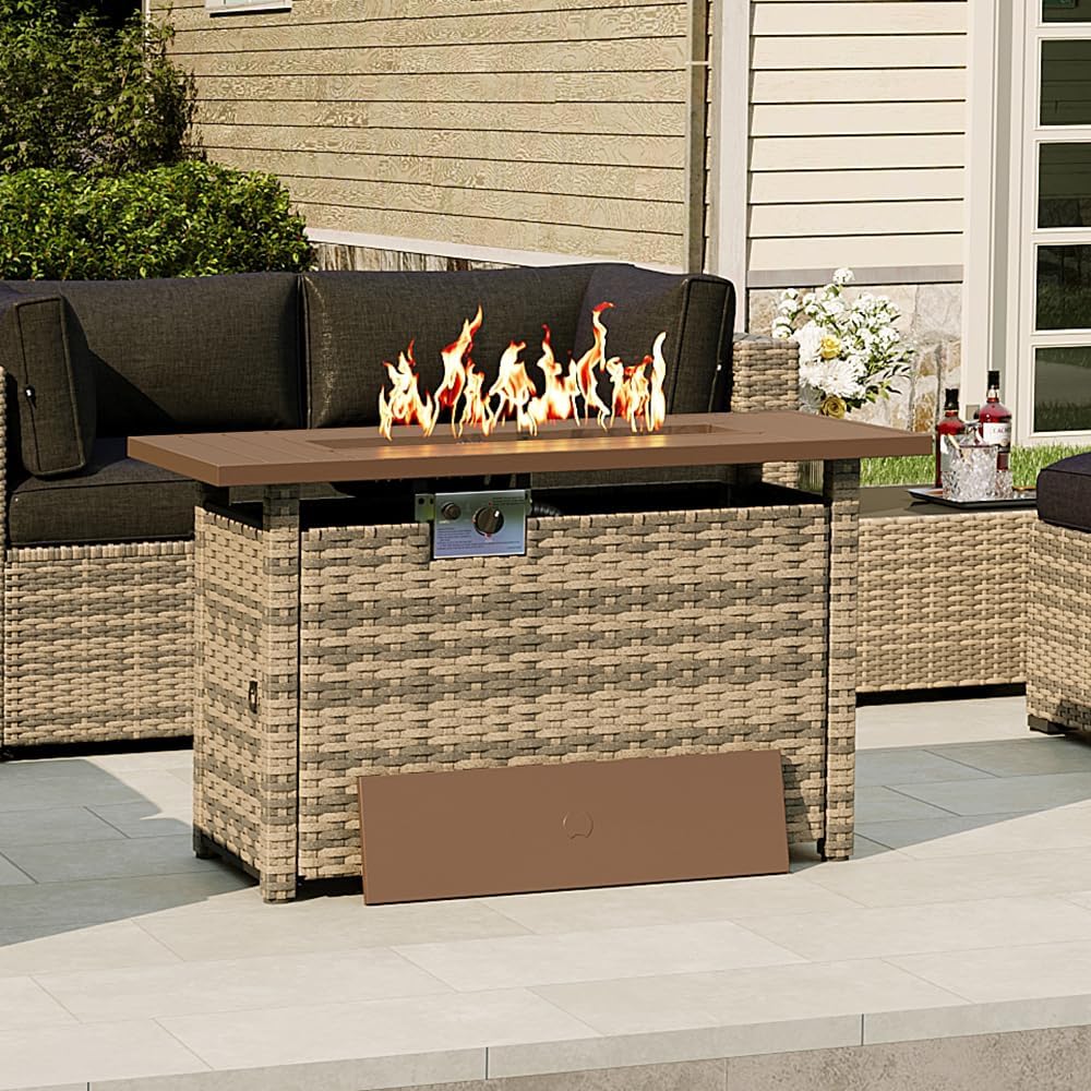 Aoxun Outdoor Patio Furniture with Fire Pit Table, 50,000 BTU Wicker Gas Fire Pits with Lid, 44'' Propane Gas Firepit Table for Backyard, Poolside, Garden (Yellow)