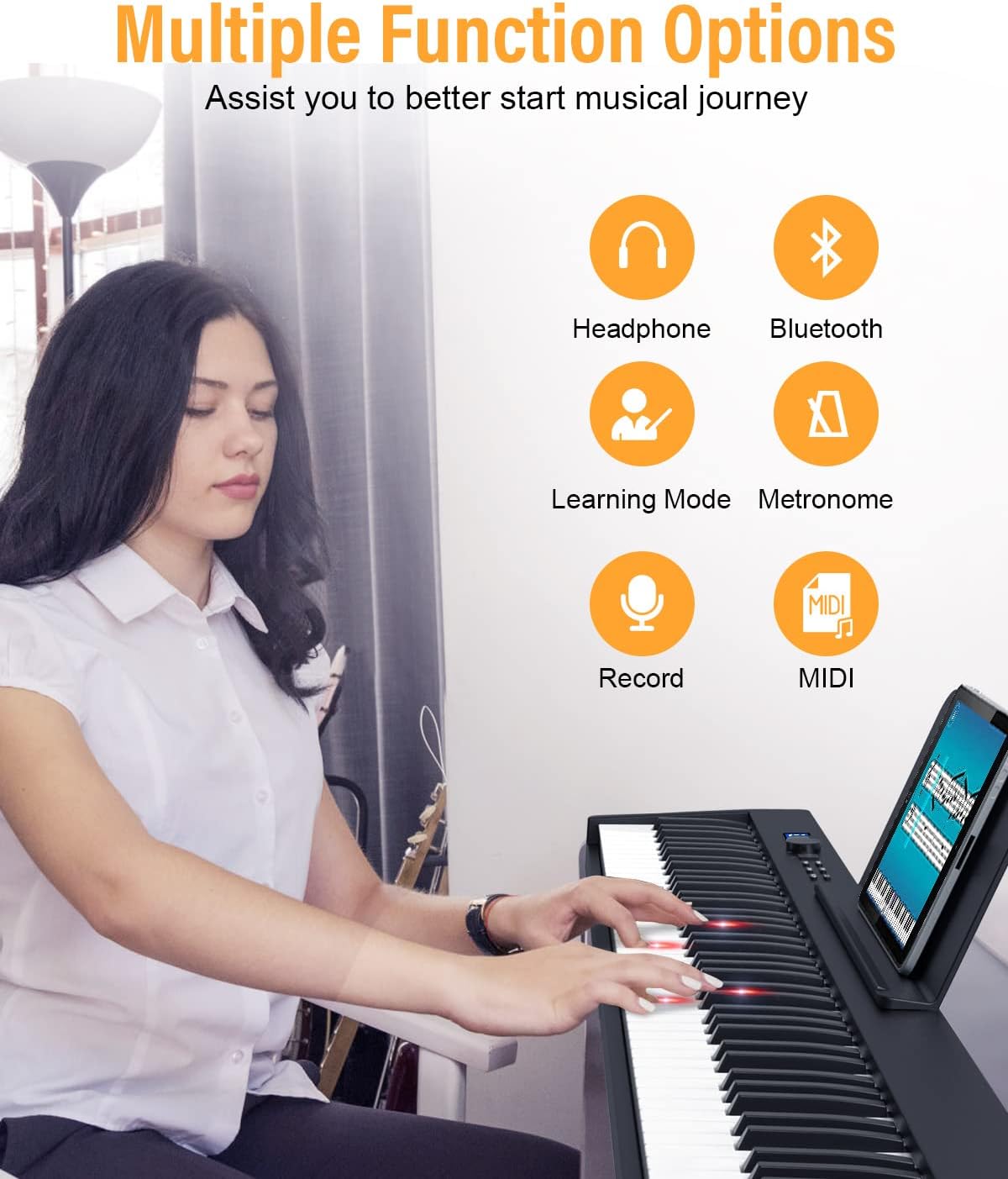 KONIX Folding Piano Keyboard, 88 Key Full Size Semi Weighted Foldable Keyboard, Portable Electric Piano with Light Up Key, Sustain Pedal, Piano Sticker, Sheet Music Stand and Piano Bag, Black