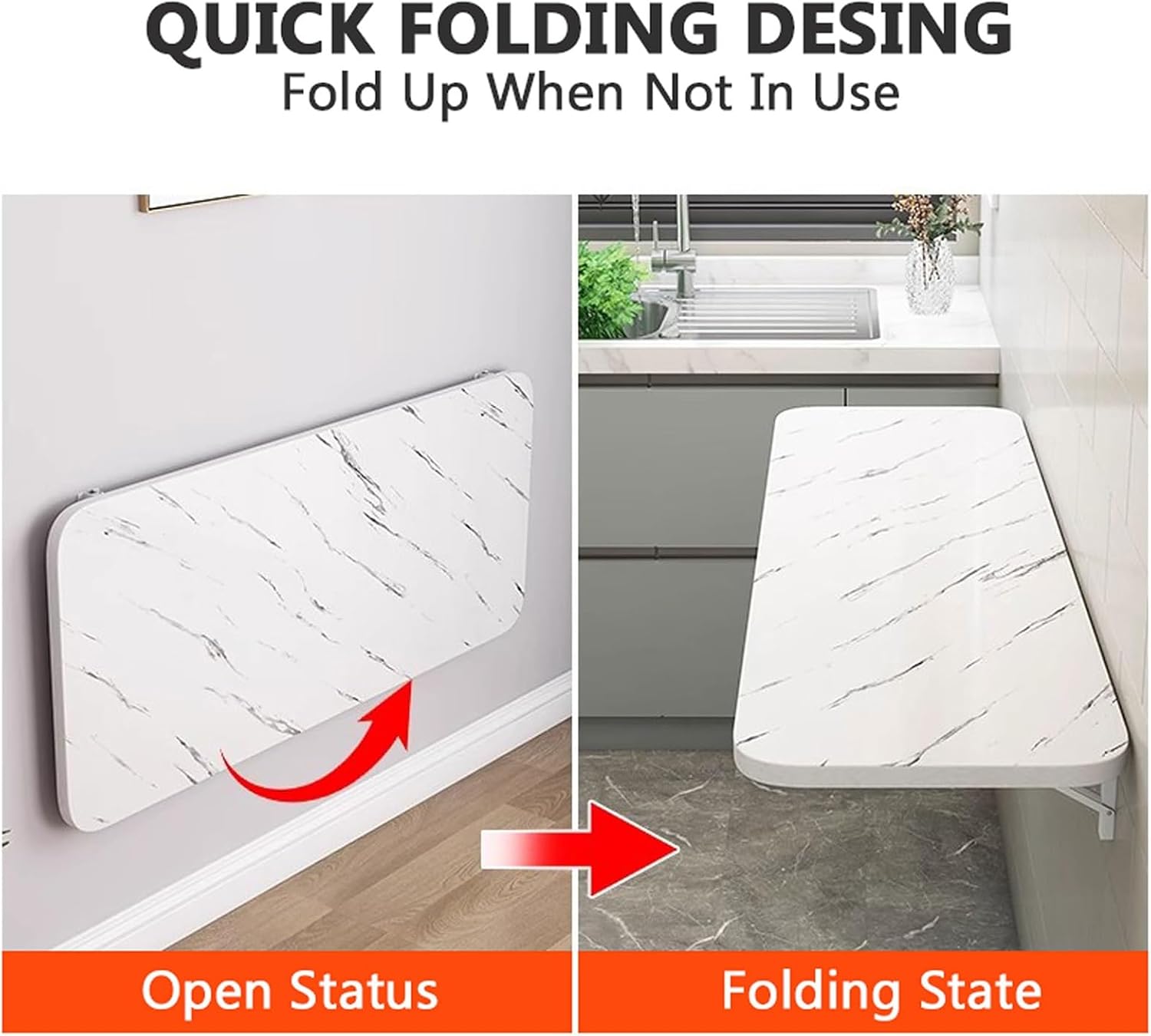 Wall-Mounted Foldable Laundry Table | Floating Folding Desk for Kitchen & Sewing Station | Stylish White Stone Pattern (80x20cm) | Space-Saving Handicraft Production